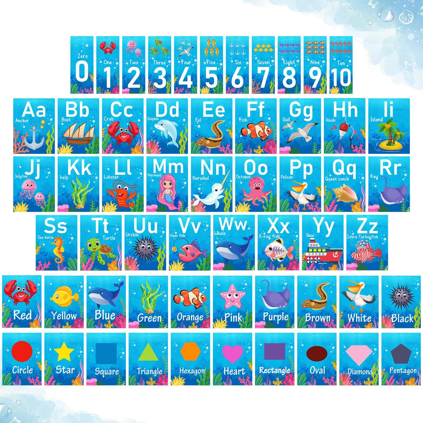 Sinload 57 Pcs Alphabet for Classroom Wall Under The Sea Bulletin Board Decorations Ocean Creatures Letters Numbers 0-10 Cards Cutouts Color Shape Educational Posters for School Teacher Home