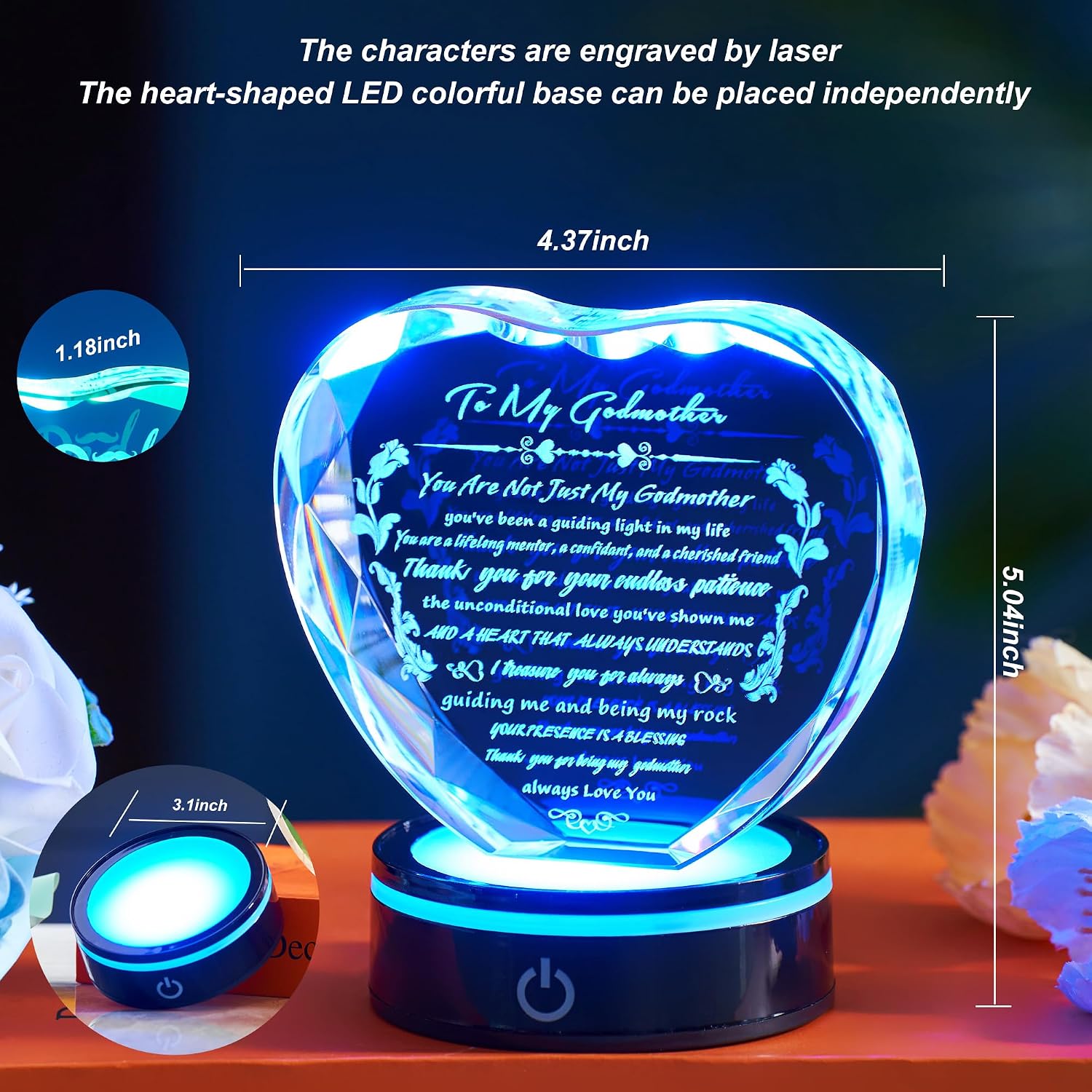 Gifts for Godmother with Colorful LED Base Heart Crystal Plaque Godmother Gift Idea from Goddaughter Godson for Mothers Day, Christmas, Birthday, Thanksgiving,Retirement image 3
