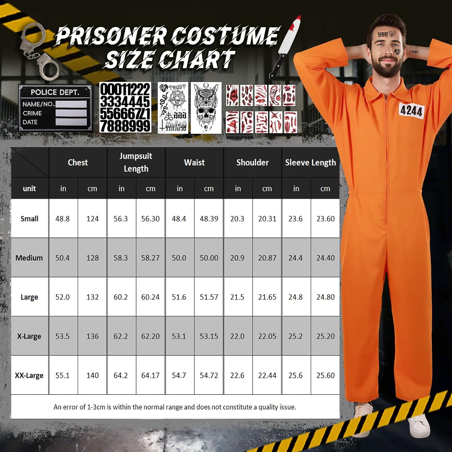 Pigmiss Men's Orange Prisoner Jumpsuit Set Halloween Costume Inmate Uniform Accessories Adult Women Jail Outfit 7pcs - Image 7
