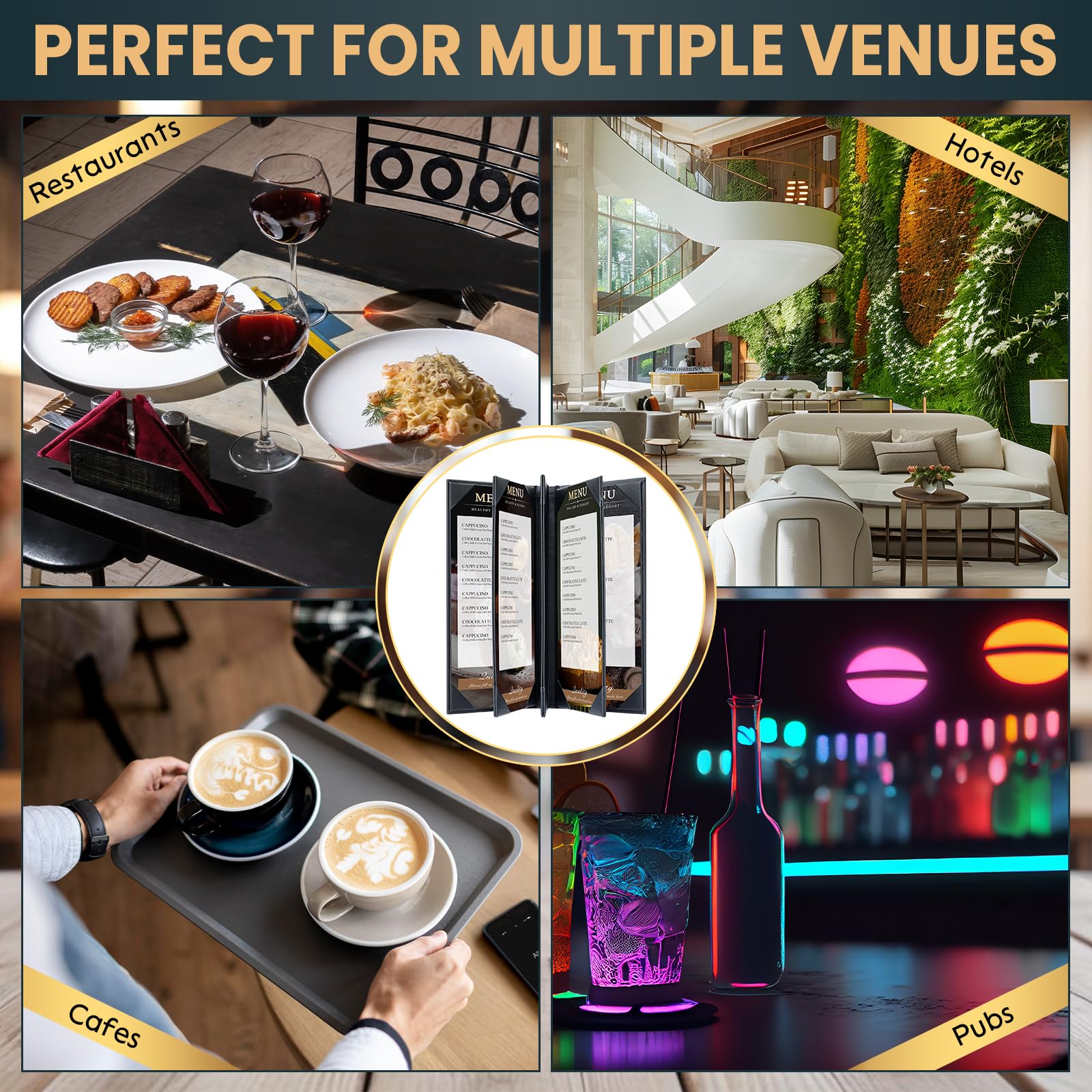Paquete de 6 fundas de menú de 8 vistas de 4.25 x 11 pulgadas | Fundas de menú de piel sintética estilo libro para restaurante, cafetería, bares y lista de vinos