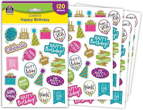 Teacher Created Resources Pegatinas de feliz cumpleaños de confeti (TCR8585)