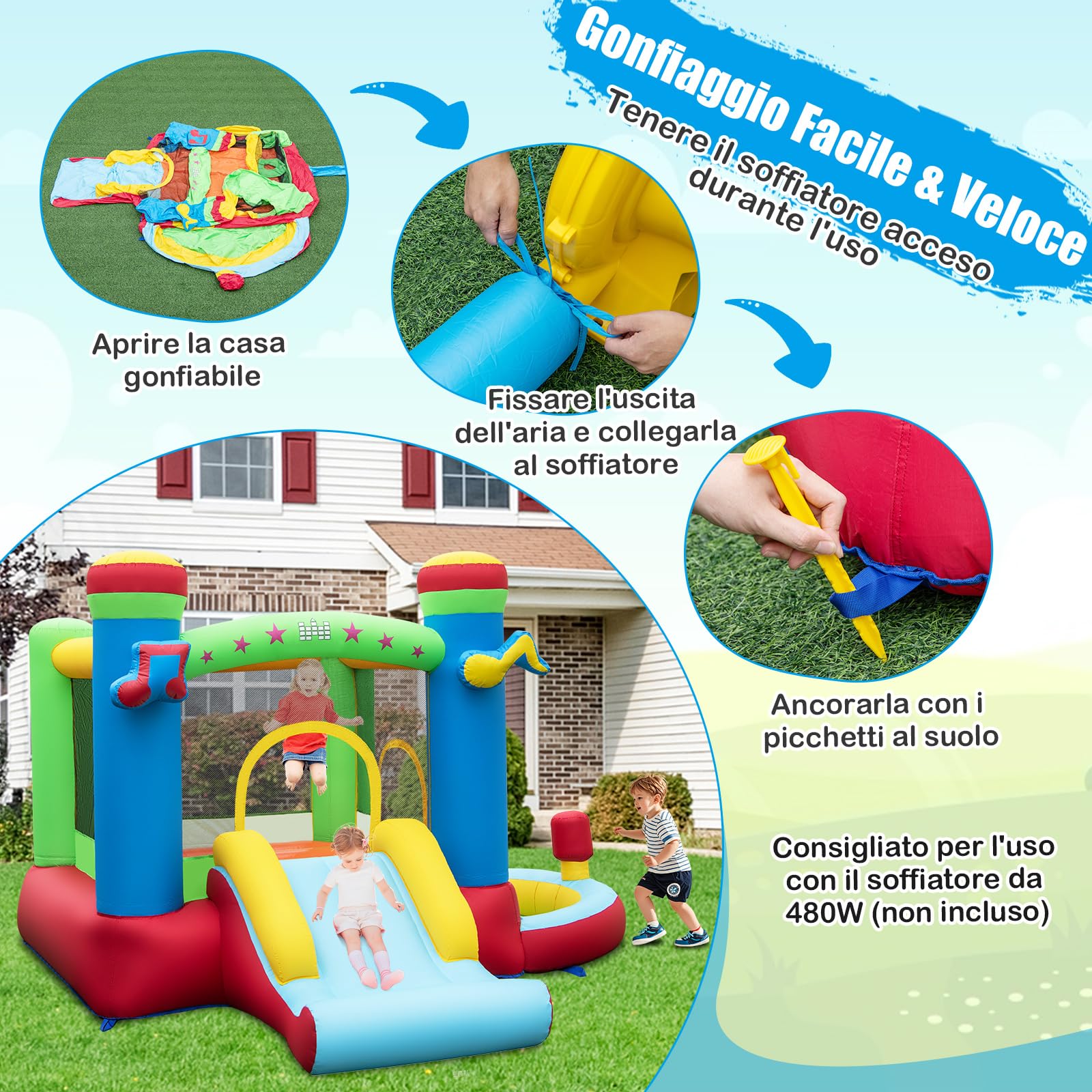 COSTWAY Castello Gonfiabile 5 in 1 per Bambini di Tema Musicale, Castello Gonfiabile con Scivolo, Trampolino, Piscina e Canestro, Gioco Gonfiabile da Interno ed Esterno, per Bambini da 3 a 12 Anni