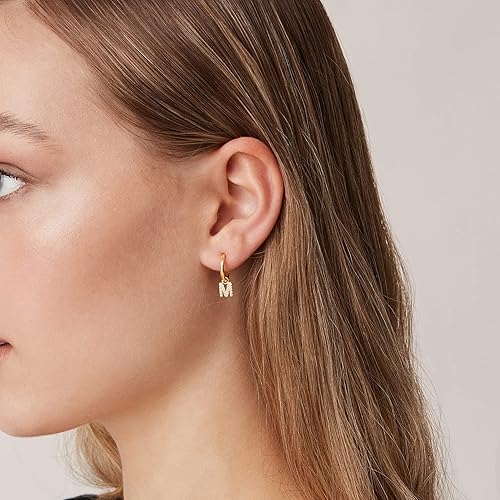 Miniatura 4 de PAVOI 14K Gold Plated 925 Sterling Silver Post Huggie Earring With Initial Dangle CZ Initial Huggie Hoop Earrings Womens Cubic Zirconia Dangle