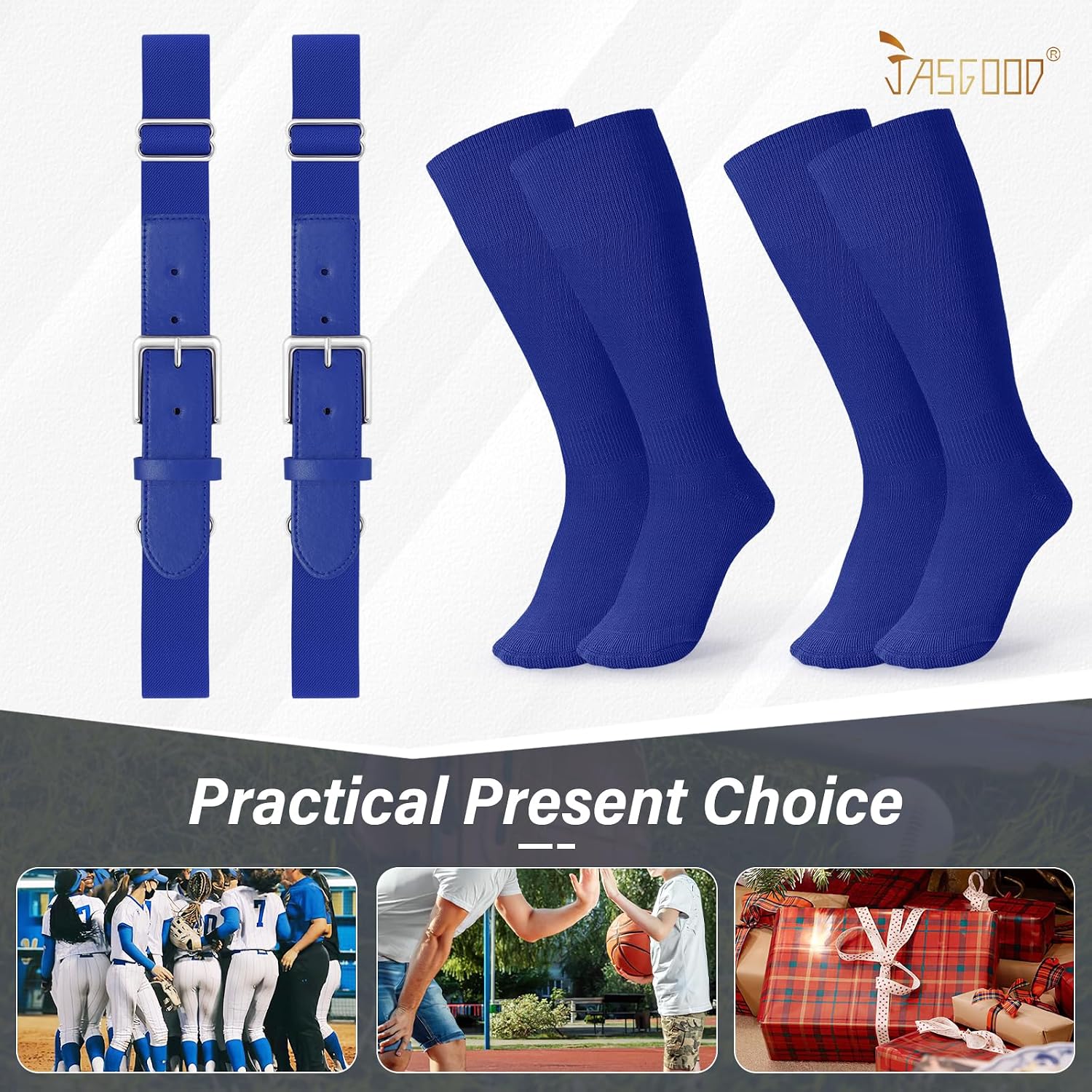 JASGOOD 2 Pack Baseball Socks and Belt Combo Set Softball Socks and Belts Elastic Waist Belt for Youth and Adult Boys