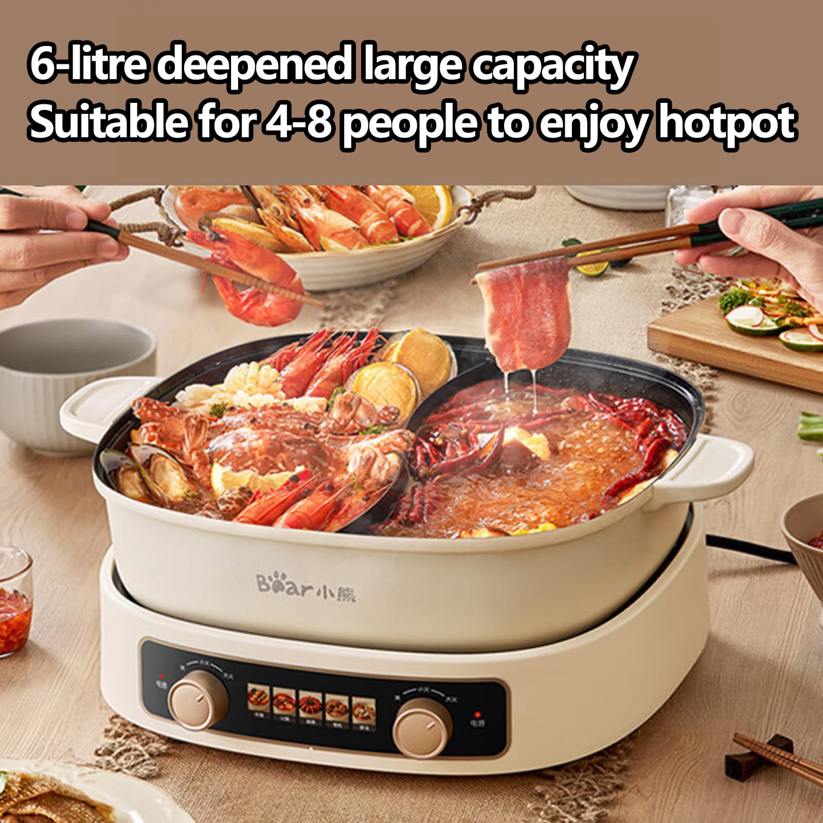 Pentola Elettrica, Pentola Elettrica Multifunzione con Controllo a Doppia Zona, Capacità Grande da 6L per 6-8 Persone, Potenza 2100W