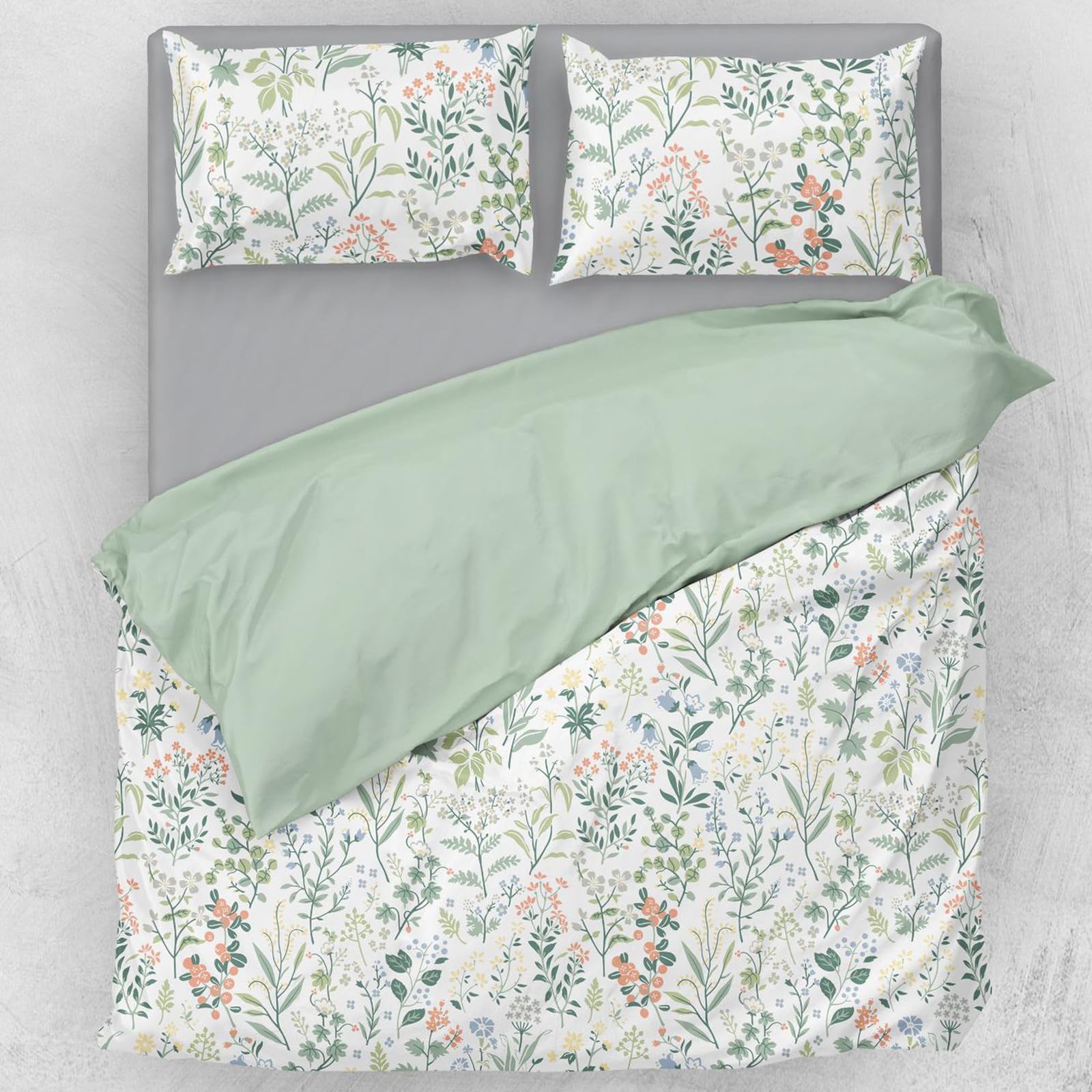 Wotcsil Funda Nórdica Cama 135/150 Verde Blanco Funda Nórdica Edredón 220 x 240 cm Floral con Patrón Flores Hojas Botánico Jardín Microfibra 3 Piezas y 2 x Fundas de Almohada de 50x75 cm