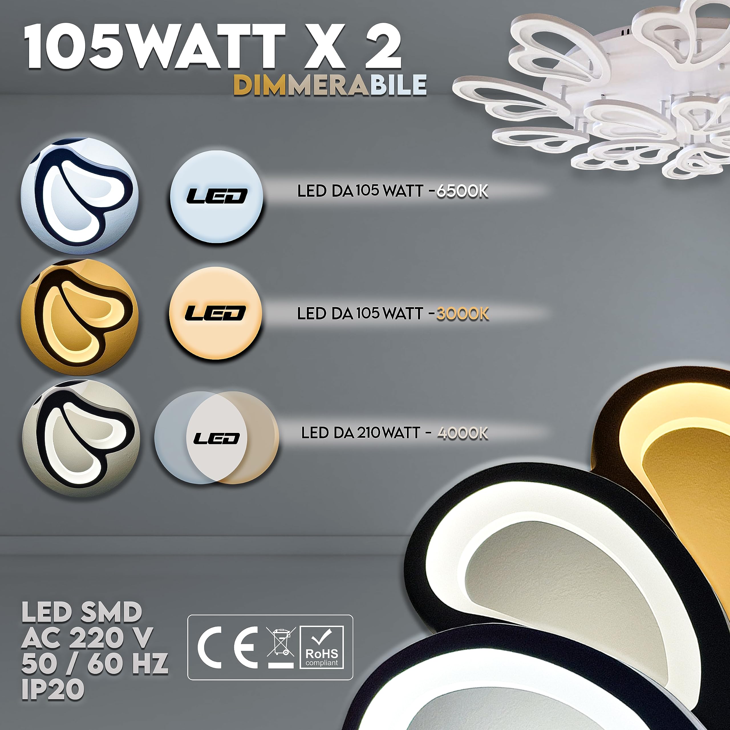 Plafoniera LED 54W Regolabile - 3 Luci Per Casa, Ufficio E Garage
