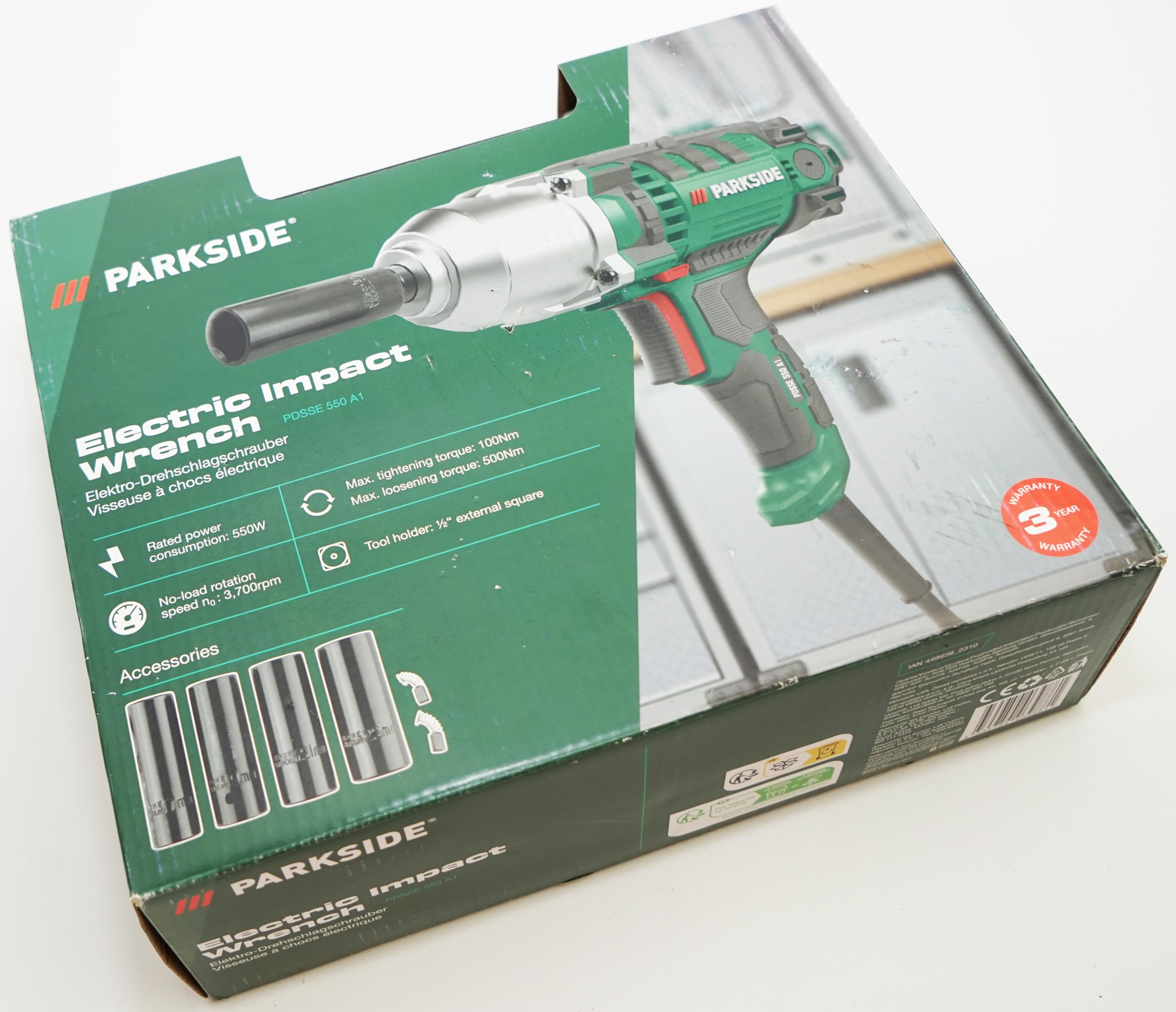 Paquete PSIDE® - Llave de impacto eléctrica PARKSIDE® de 1/2 pulgada PDSSE 550 + llavero PSIDE®