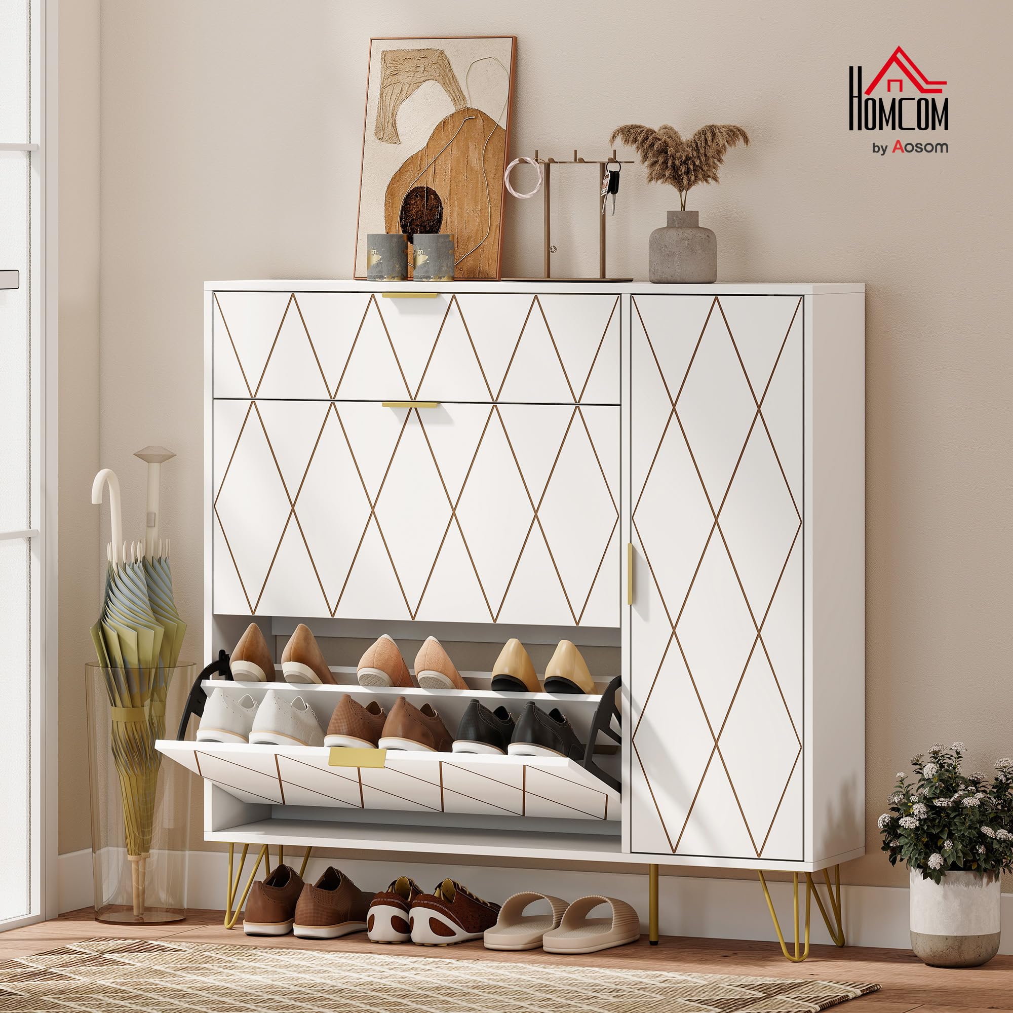 HOMCOM Zapatero Estrecho con 2 Cajones Abatibles 110x25x110,6 cm Blanco | Mueble Zapatero Moderno con Armario y Estantes Ajustables, 10-14 Pares de Zapatos, para Pasillo, Entrada, Recibidor