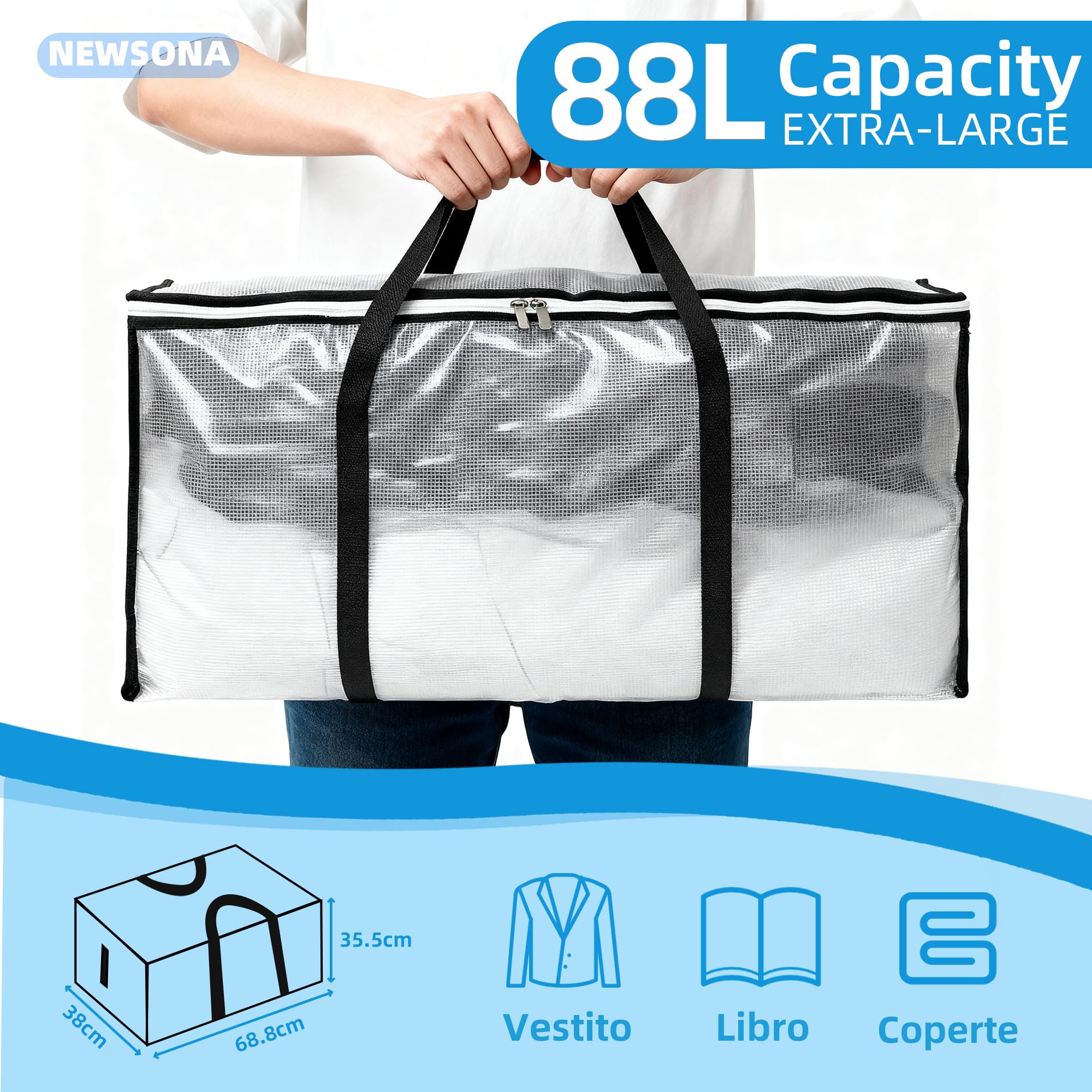6 Pezzi Borse Trasloco 88L, Contenitori Pieghevoli Trasparenti in PVC Rinforzato 135 g/m², per Vestiti Piumoni Biancheria, Maniglie Rinforzate, Doppia Cerniera in Metallo