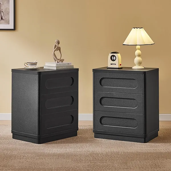 Night Stand Set of 2, Nightstand with 3 Drawers, 21.7"(W) x 15.8"(D) Large Night Stand Bedside Tables for Bedroom, Modern Storage Bedside Table for End Tables, Sofa, Black