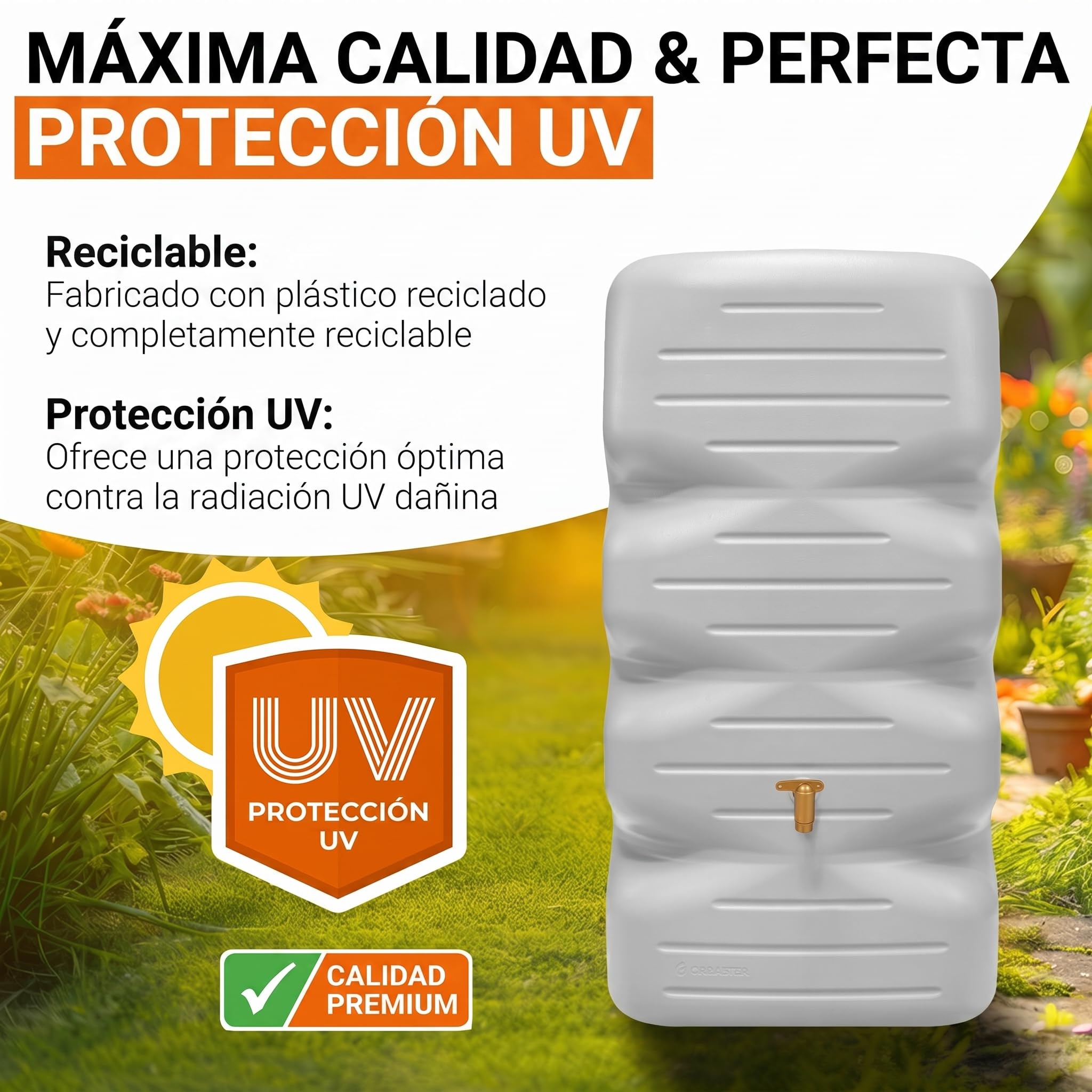 GARANTIA CUBUS Set Completo de depósito de jardín 340 L Gris hormigón con Grifo de Salida de plástico y Conector para bajante - Recogida de Lluvia - riego sostenible - integración Visual Moderna | Incluye grifo de plástico y conector para bajante, depósit