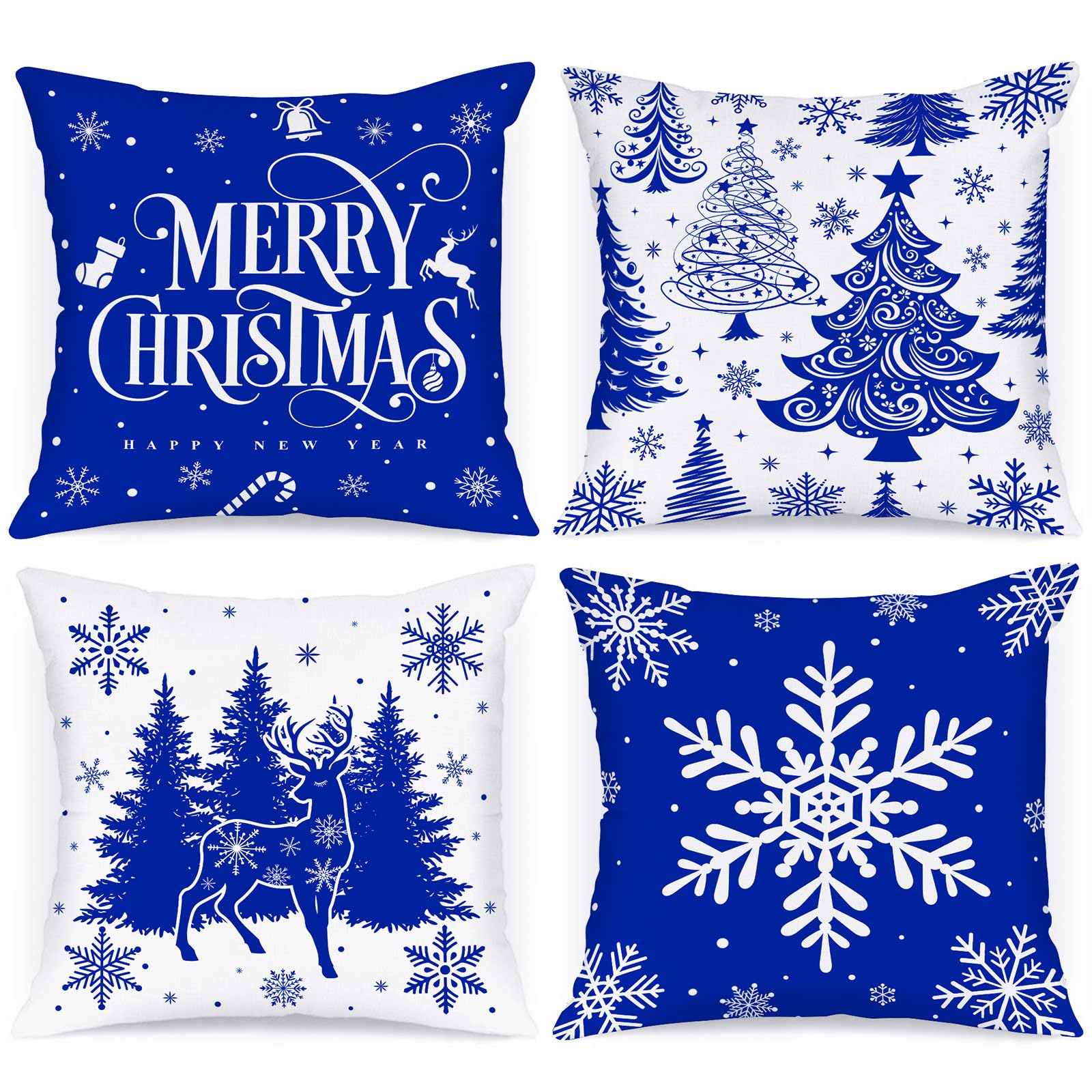 Lanpn 40x40 cm Blue Christmas Pillow Covers Set of 4, Winter Decorative Pillow Case