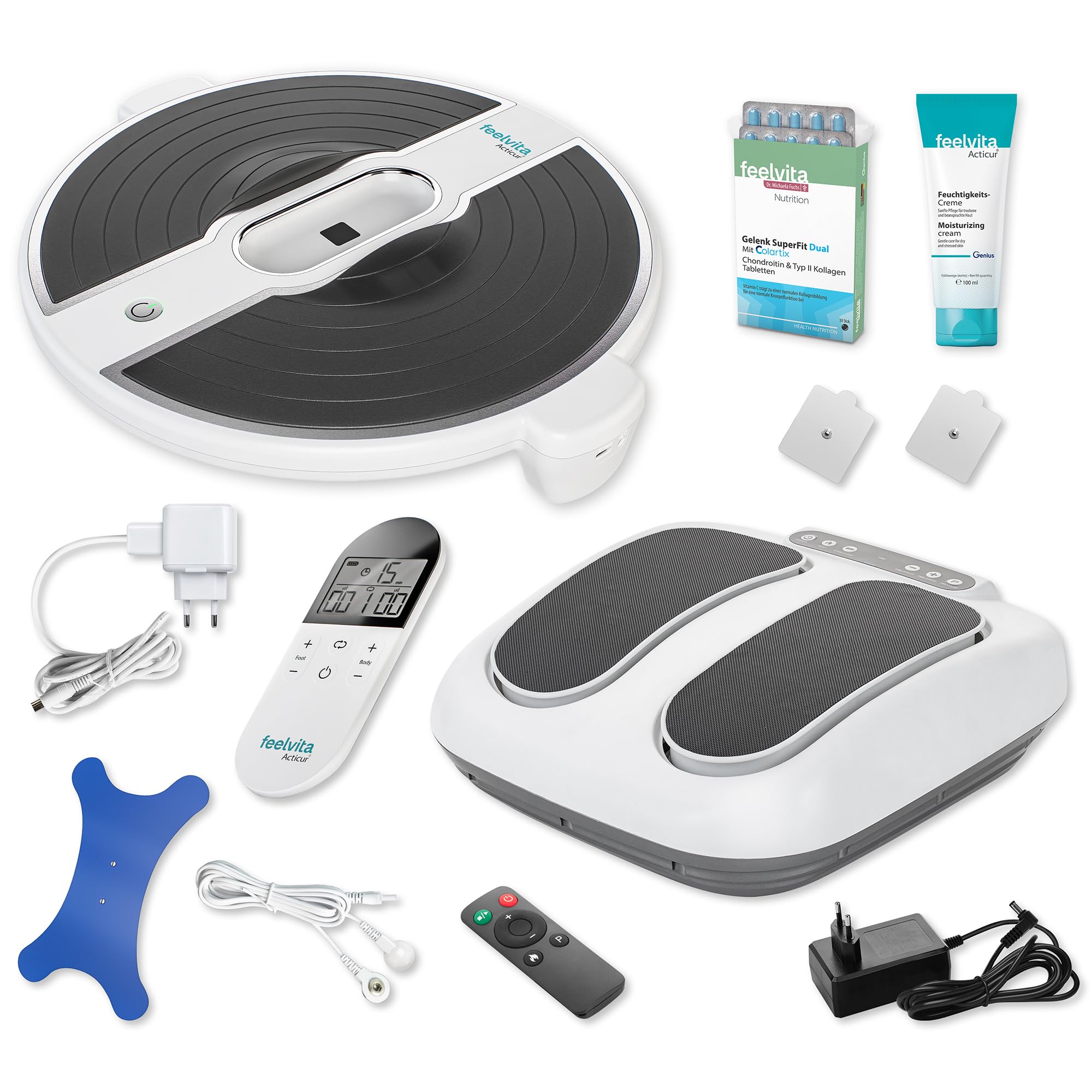 Genius Feelvita Acticur Set 15-tlg. EMS-Durchblutungsstimulator Bein und Fuß, TENS Gerät mit 3 Elektrodenpads inkl. Fußmassagegerät, Blutdruckmessgerät & Gelenk SuperFit Dual Tabletten 30 Stück