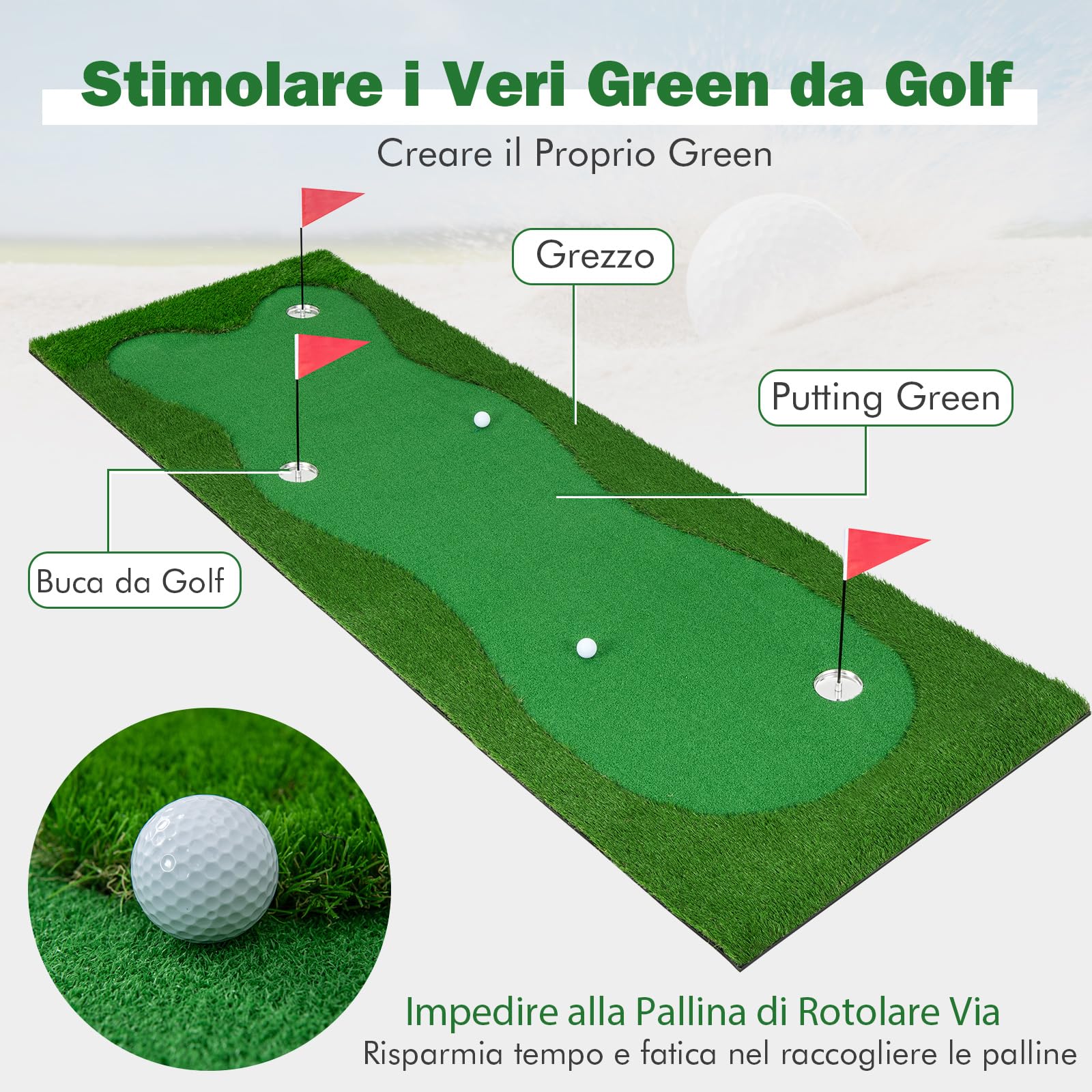 COSTWAY Tappetino da Golf Professionale, Campo da Golf con Erba Artificiale Realistica, 3 Buche, 3 Bandierine e Tazze per l'Allenamento Interno ed Esterno, 300 x 100 CM