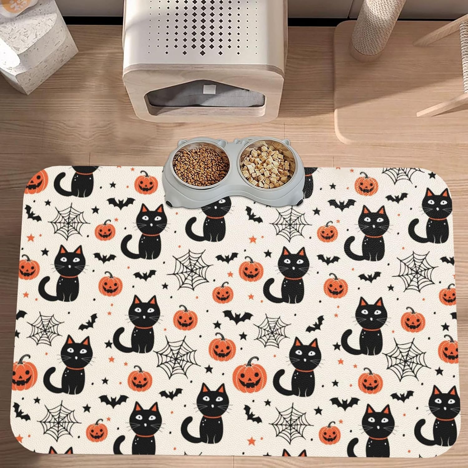 Halloween Pumpkin Cat Bat and Spider Web Dog Food Mat, Leather Pet Feeding Mat, Cat Mat for Food, Absorbent Pet Placemat for Indoor Outdoor Water Bowl 40x60cm