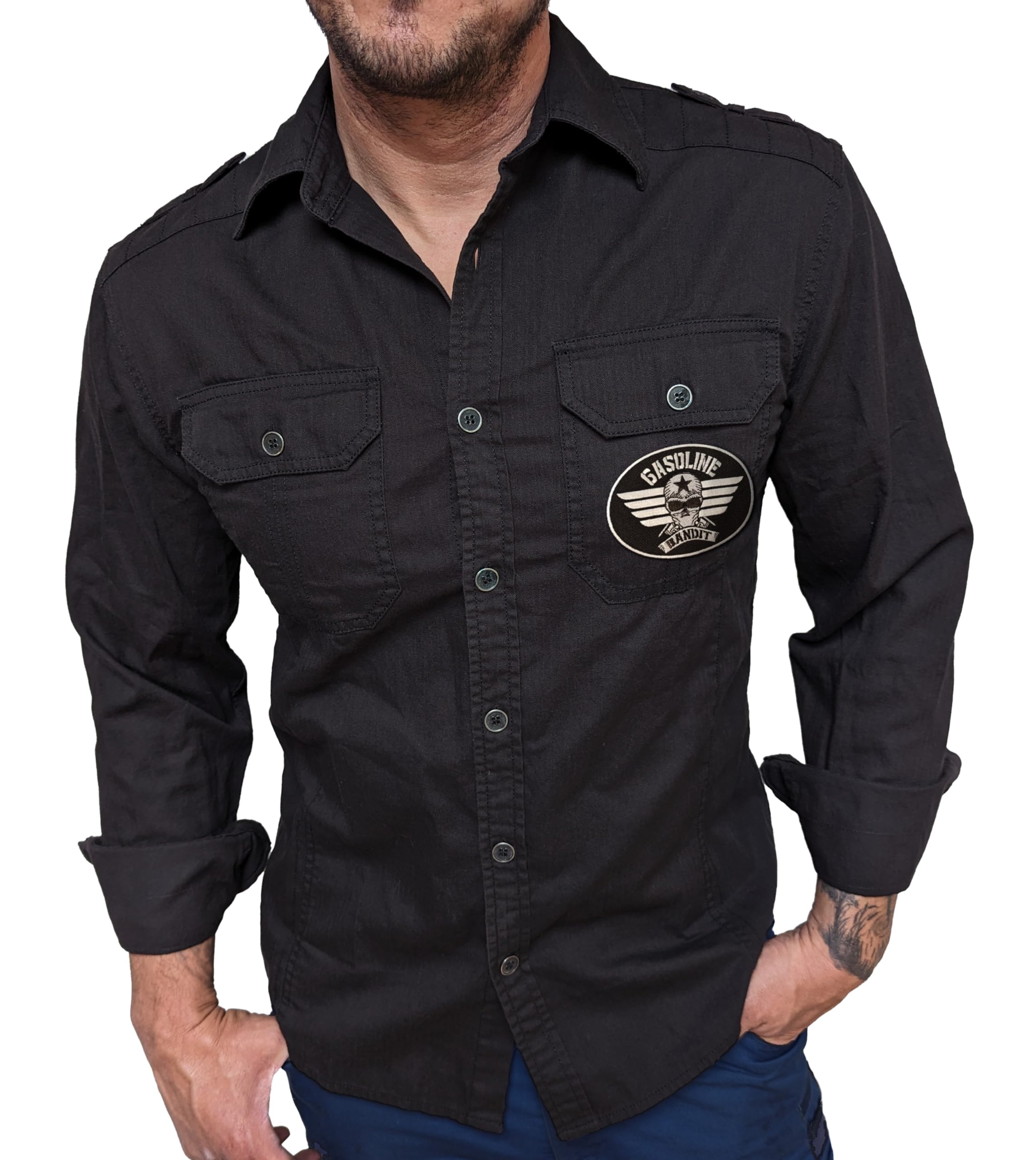 Gasoline Bandit Schweres Biker Racer Worker Herren-Jeans-Hemd mit Stick Patch und Rückendruck tailliert schwarz - Reine Baumwolle