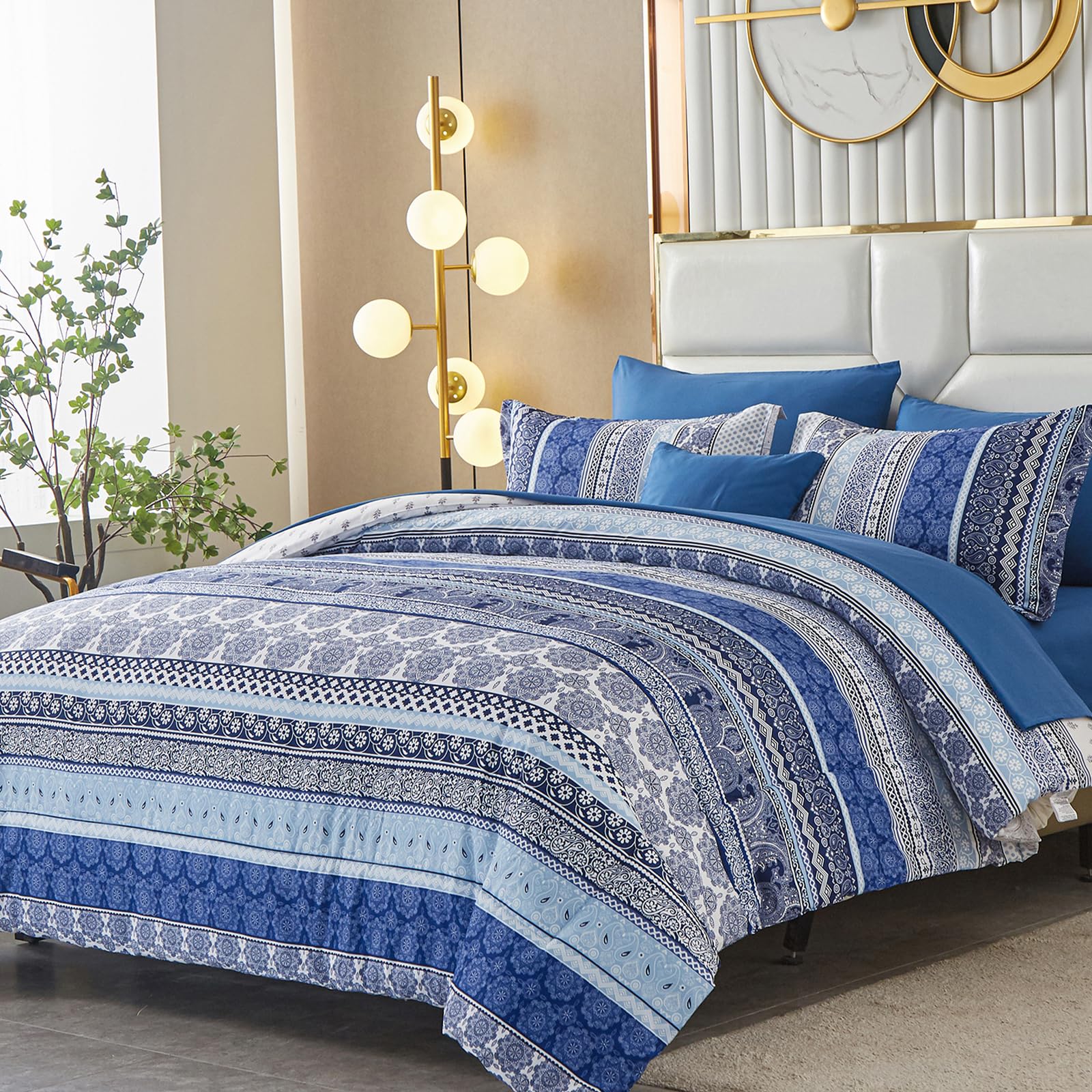WONGS BEDDING Bohemian Double Duvet Cover Set Royal Blue Colorful Boho Striped Bedding Set including 2 Pillowcases Soft Microfiber Moroccan Quilt Cover 200x200cm - Image 3