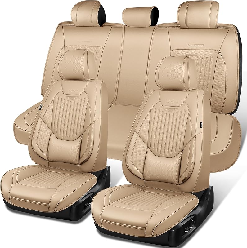 Kit de Capas para Bancos Automotivos CAR PASS em Couro Sintético Nappa Bege com Suporte Lombar, 5 Peças