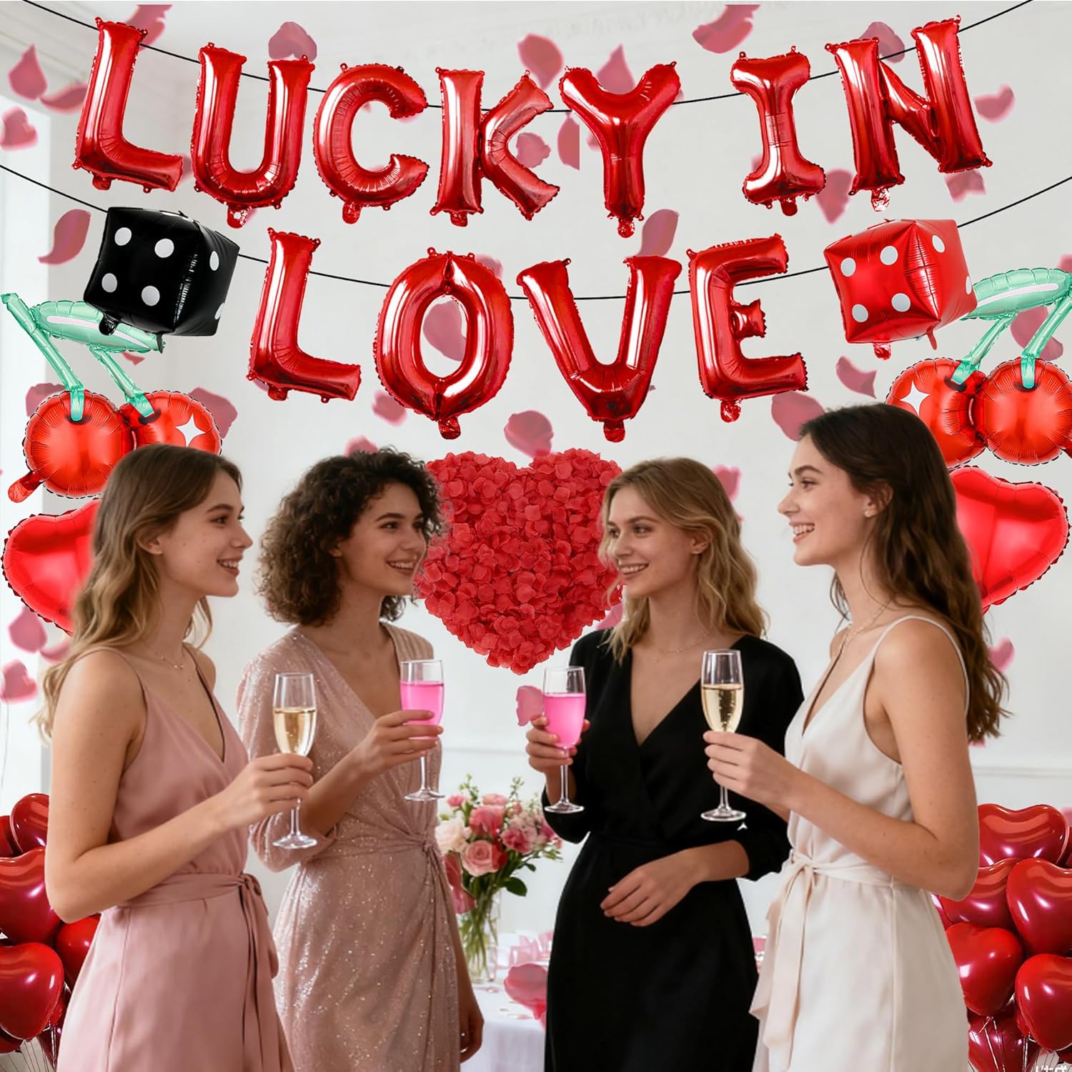 Lucky In Love Bachelorette Decorations - 46 Pcs Red Foil Heart Cherry Dice Balloons Decor For Vegas Bridal Shower Casino Party Decorations Supplies