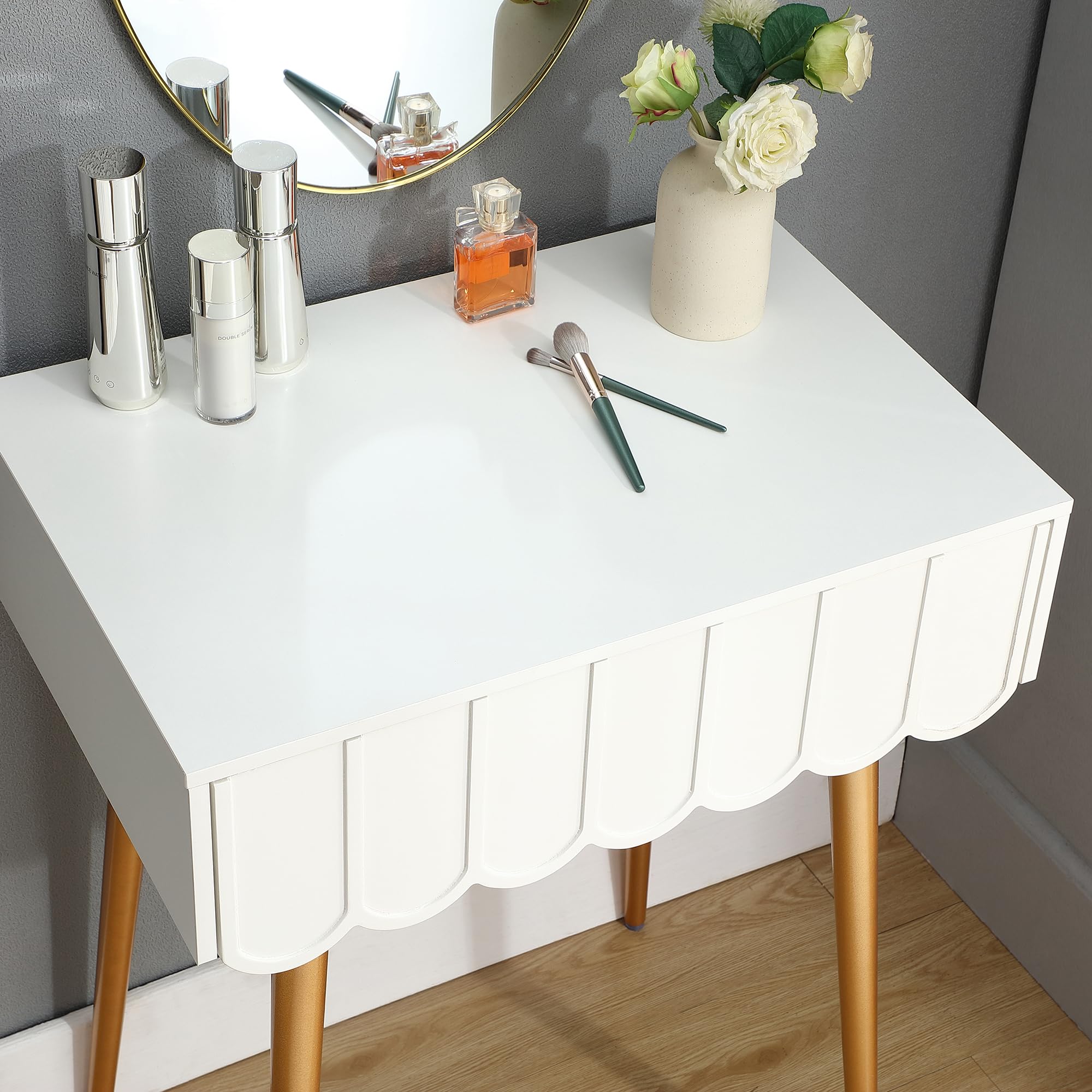 LUKYRA Small Makeup Vanity Desk Without Mirror, Compact Makeup Table with Drawer, Mini White and Gold Dressing Table (White-Arch-1Drawer)