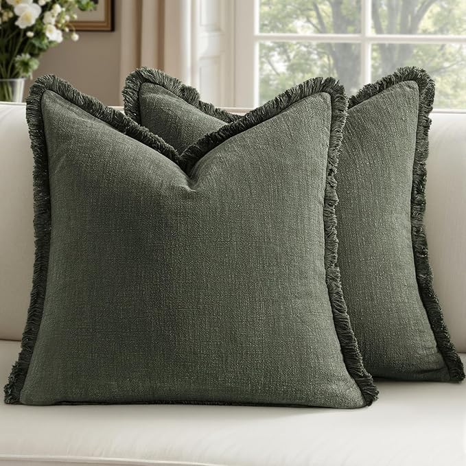 Woaboy Decorative Linen Fringe Throw Pillow Covers Boho Farmhouse Soft Accent Pillowcases with Tassels Christmas Home Decor for Livingroom Couch Sofa Bed,20x20 Inch Set of 2,Dark Olive Green