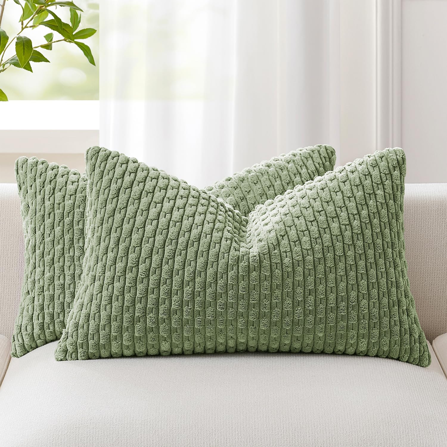 Kevin Textile 2 Packs Spring Decorative Lumbar Throw Pillow Covers 12x20 Inch for Living Room Couch Bed Sofa Soft Striped Corduroy Rectangle Cushion 30x50 cm Farmhouse Boho Decor Sage Green