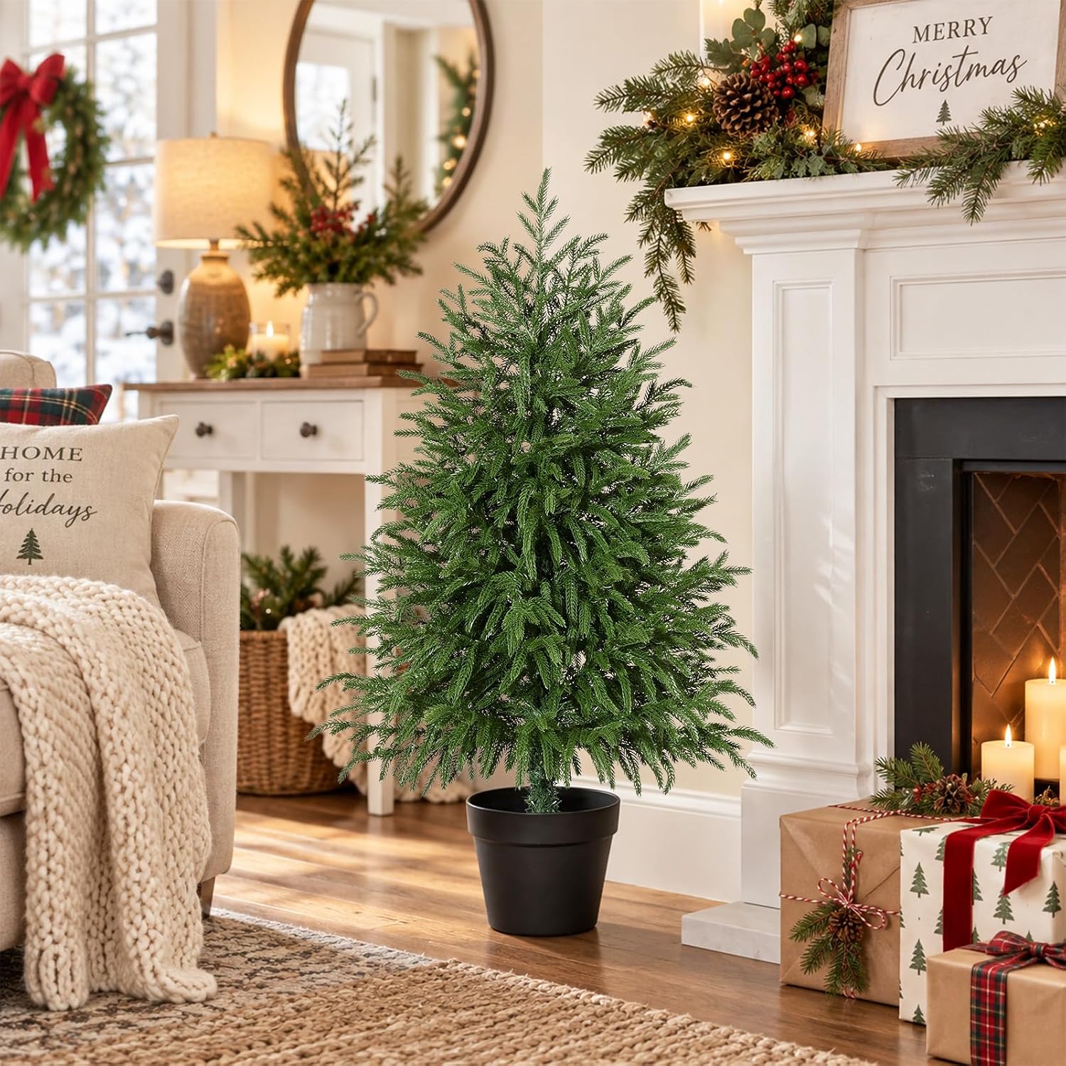 3FT Artificial Norfolk Pine Christmas Tree, Real Touch PE Faux Pine Tree with Black Pot, Unlit Potted Small Xmas Tree for Tabletop, Entryway, Home Holiday Decor