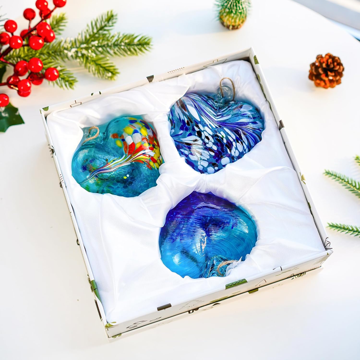 Set of 3 Handmade Glass Heart Ornaments 3.9 Inch Blue Friendship Heart Decor for Garden Home Centerpiece - Image 2