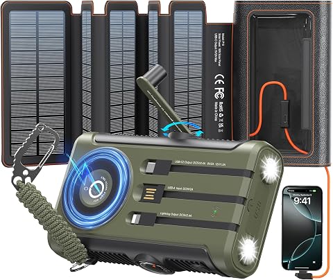 Solar Charger Power Bank 20000mAh with Foldable Solar Panels, Wireless Charging, and Hand Crank Emergency Support