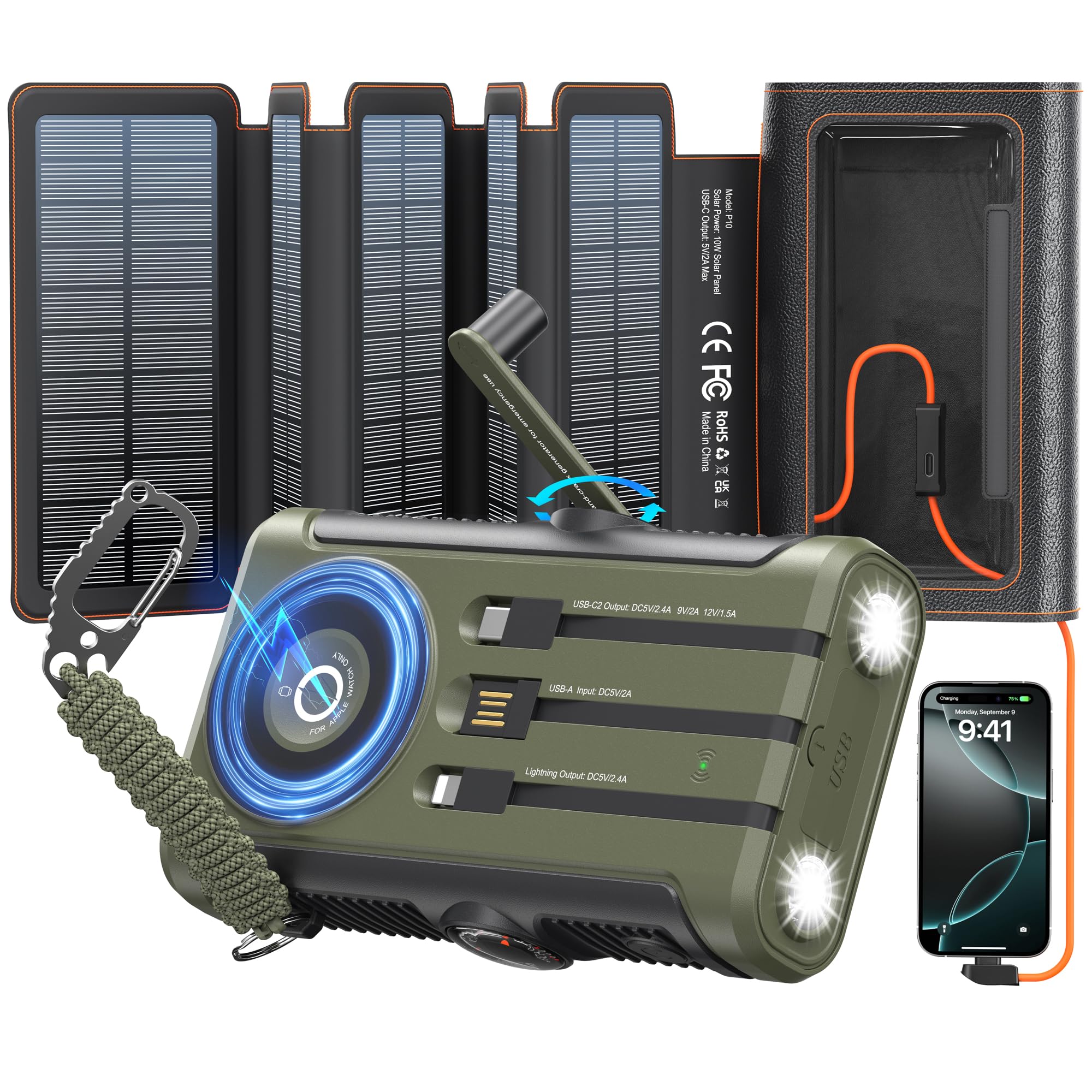 Chargeur solaire : chargeur portable sans fil 20 000 mAh avec sac de rangement pliable 5 panneaux de 10 W, manivelle d'urgence et batterie externe 20 W PD à charge rapide pour le camping et
