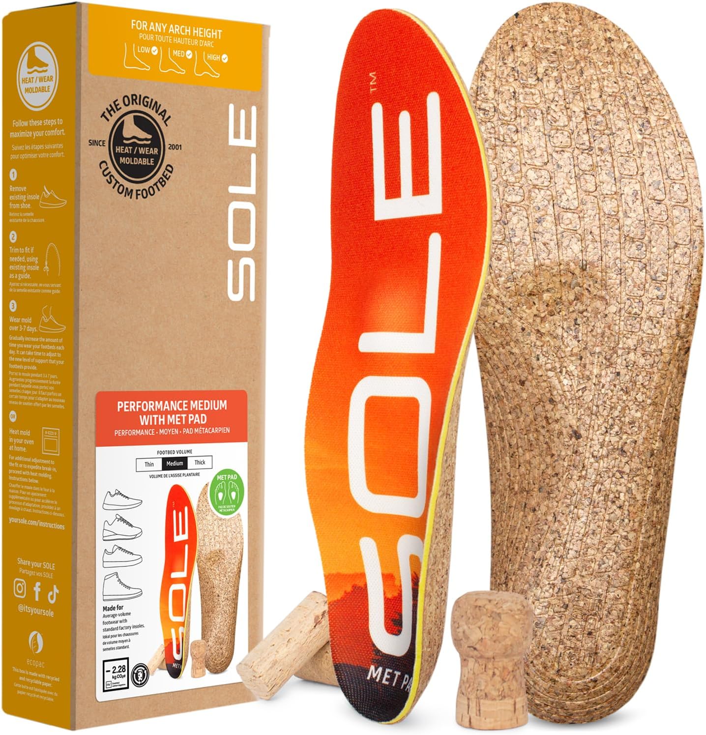 SOLE Performance Medium + Met Pad Insoles - Custom Moldable Orthotic Support for Any Arch Type, Plantar Fasciitis Relief - Mens Size 6/Womens Size 8, 1 Pair