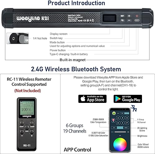 Miniatura 5 de Varita de luz de mano RGB con mini trípode de escritorio, barra de luz de video LED RGB con batería recargable integrada e imán, control de