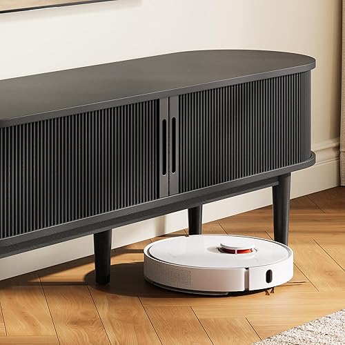 Miniatura 6 de LINSY HOME Soporte de TV acanalado para TV de 65 pulgadas, moderno centro de entretenimiento de madera de mediados de siglo con puerta corredera y