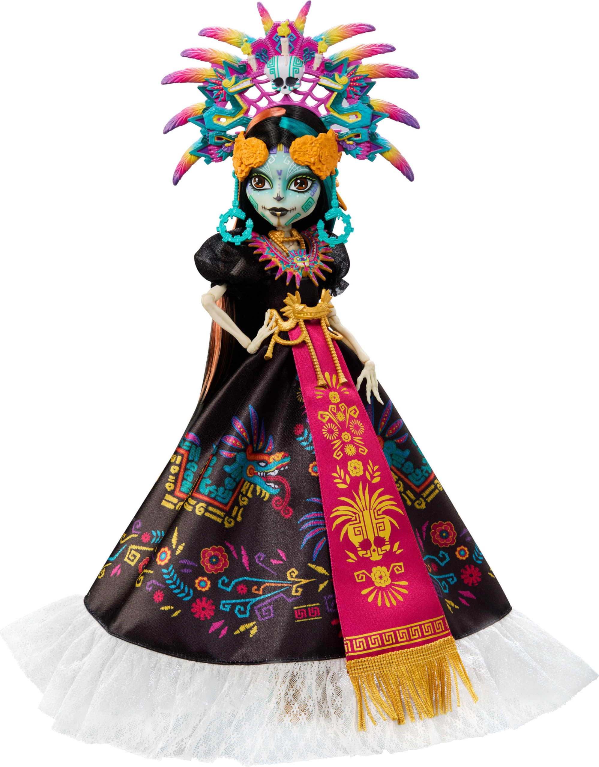 Monster High Día de Muertos 2025 Skelita Calaveras Muñeca Coleccionable con Vestido de inspiración Azteca y llamativos Accesorios como un Tocado y un Collar, JDR63