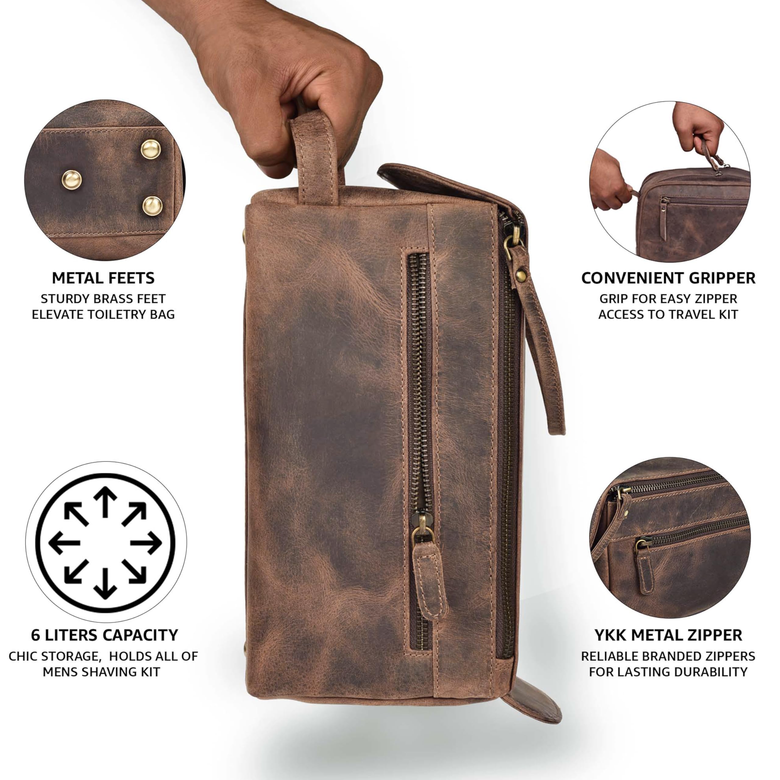Leather & latch Premium Vintage Leder Unisex Kulturtasche Reise Dopp Kit Rasur & Kosmetik Organizer für Damen und Herren (Walnussbraun)