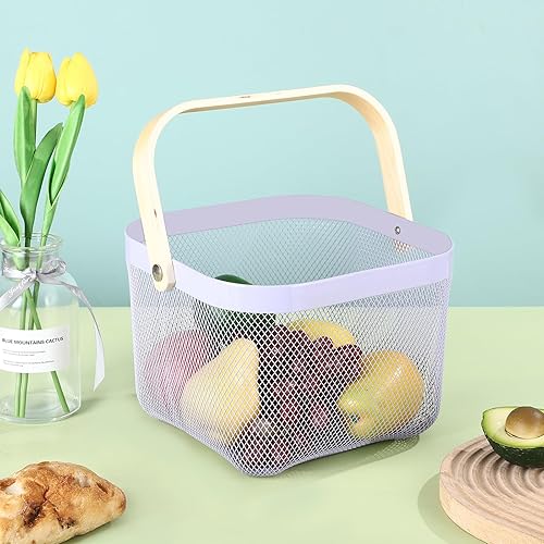 Miniatura 2 de Cesta de acero de malla metálica, cesta organizadora de almacenamiento, cesta de cocina colgante multifuncional, cesta de frutas con mango de bambú