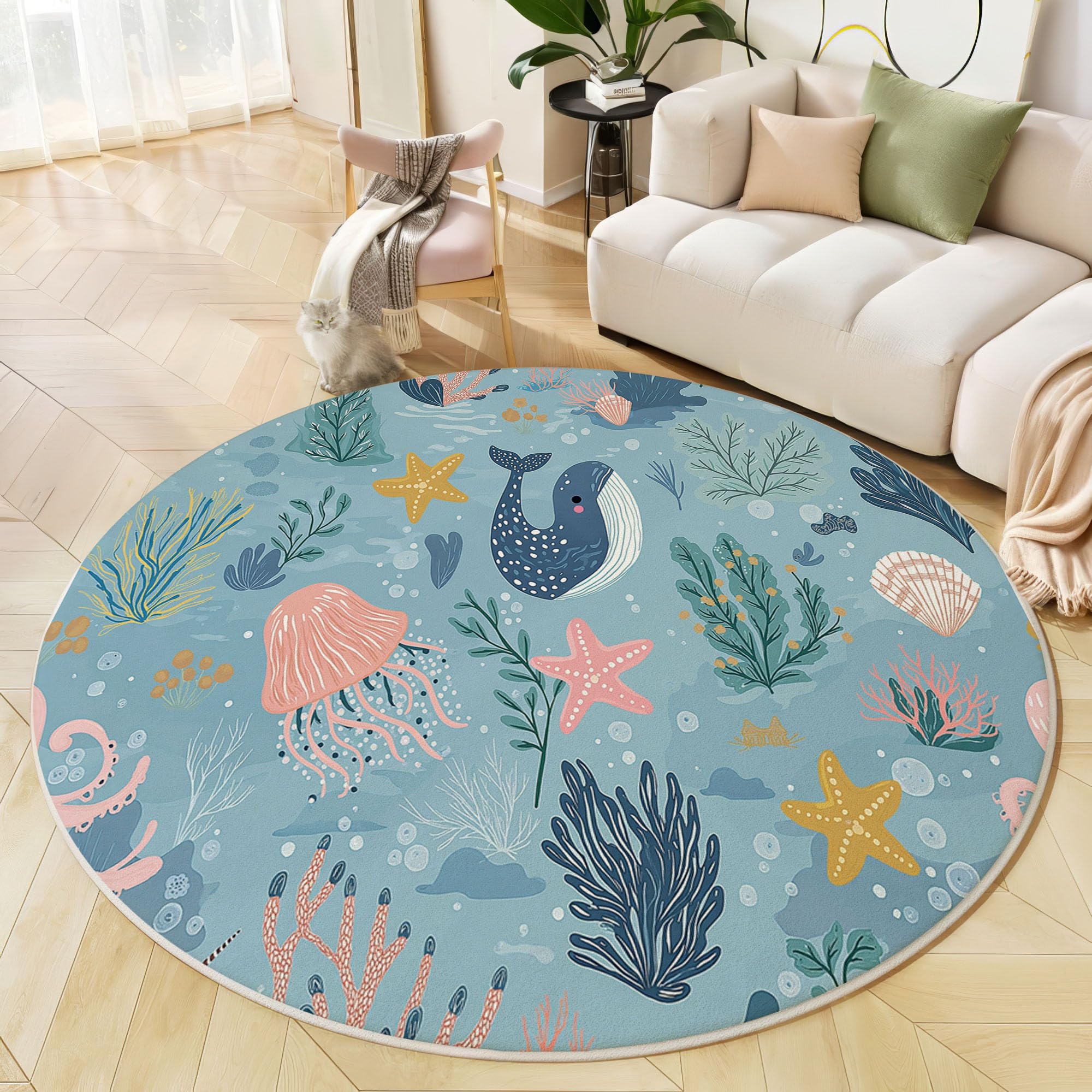 Tapis Rond Lavable en Machine Motif Baleine Méduse Décoration De Chambre pour Adultes Enfants, Joli Thème Océan Bleu Clair Antidérapant Doux Poils Ras Tapis Rond De Salon, 120 Cm