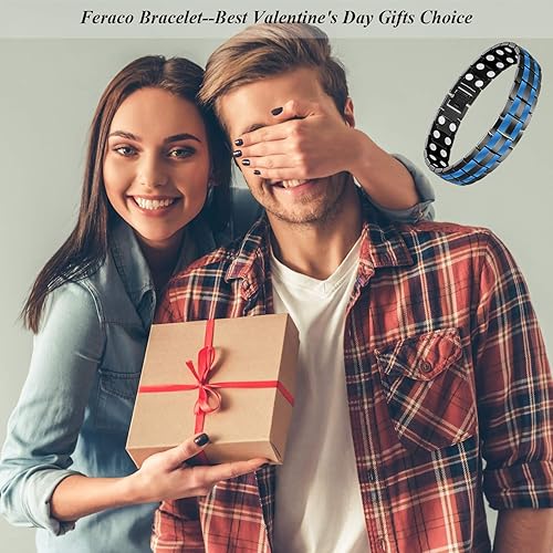 Miniatura 10 de Feraco Pulsera magnética para hombre, acero de titanio, pulsera magnética para hombres con imanes de doble fila ajustable (negro y azul)