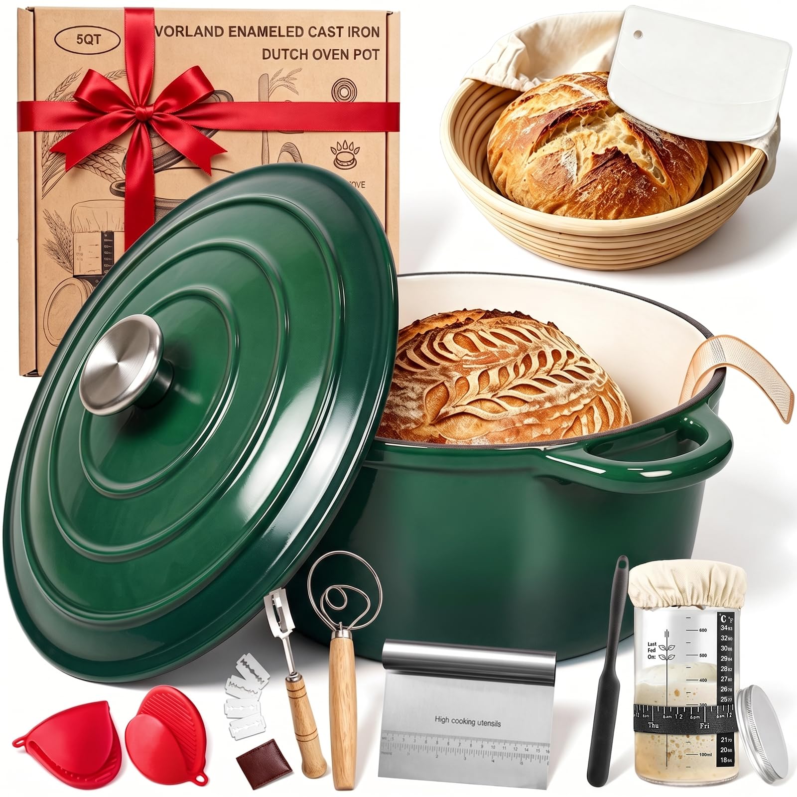 Enameled Cast Iron Dutch Oven Pot with Lid 5.5QT, Sourdough Bread Baking Supplies with Banneton Bread Proofing Basket Set &amp; Starter Jar, Unique Dutch Oven for Bread Baking (Gradient Green)
