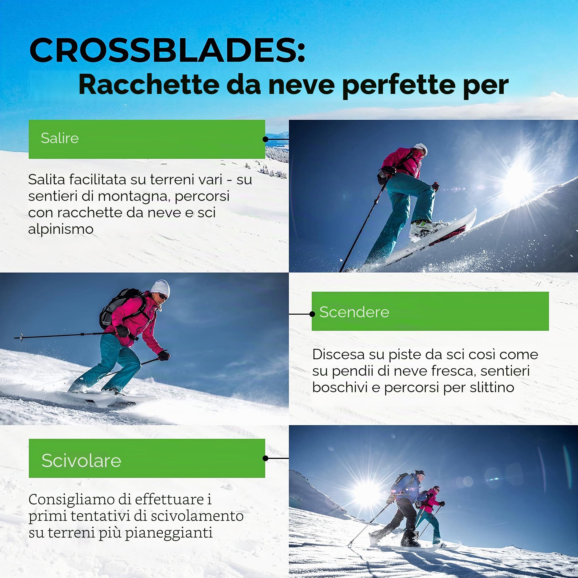 Racchette da neve 36 – 46 I 3 in 1 per salire, guidare, scivolare, per sciare con scarpe da trekking