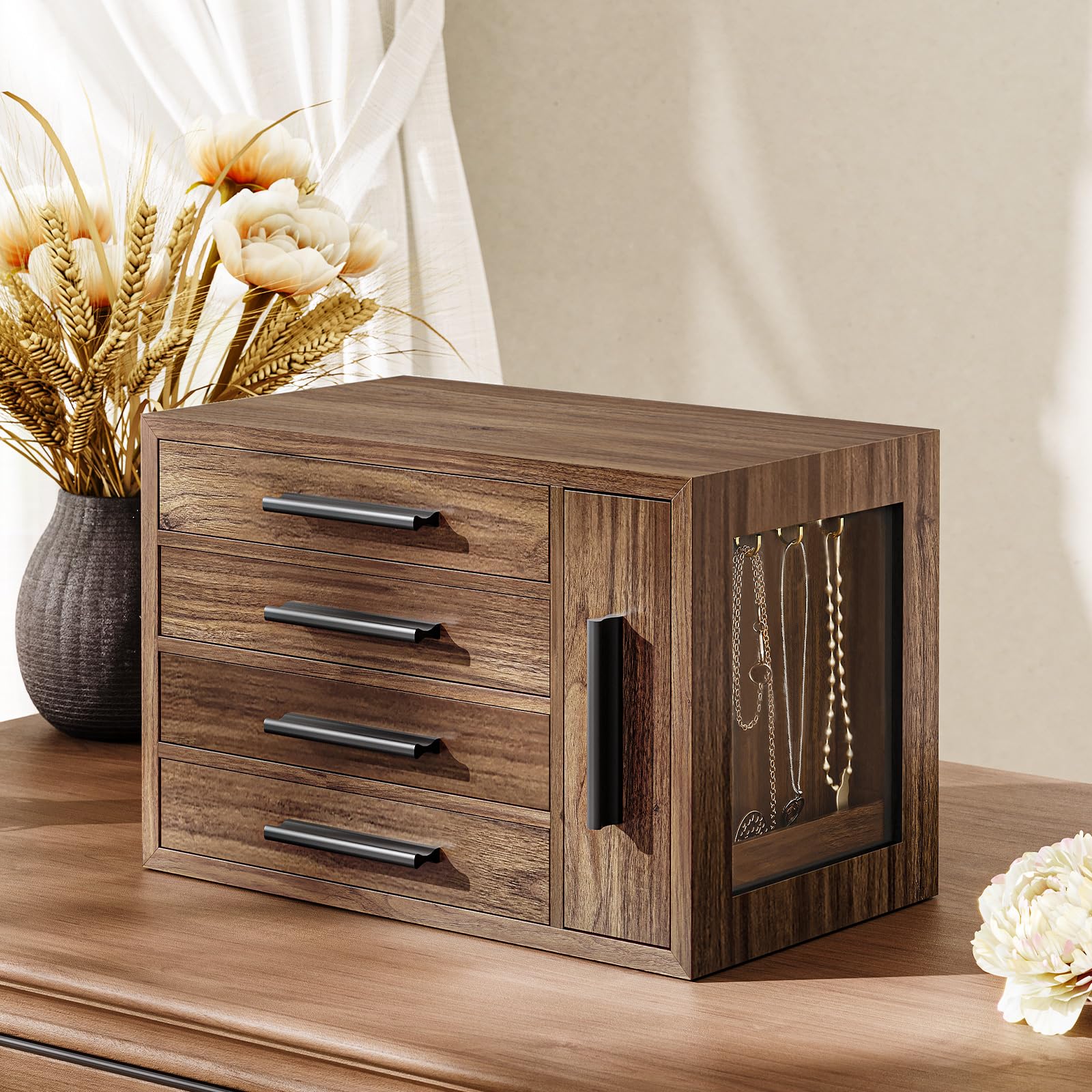 HOOBRO Caja Joyero, Organizador de Joyas de 4 Niveles de Madera con Ventana Transparente, Caja de Joyas para Pendientes, Collares, Anillos, Nogal y Negro EBH09JB04