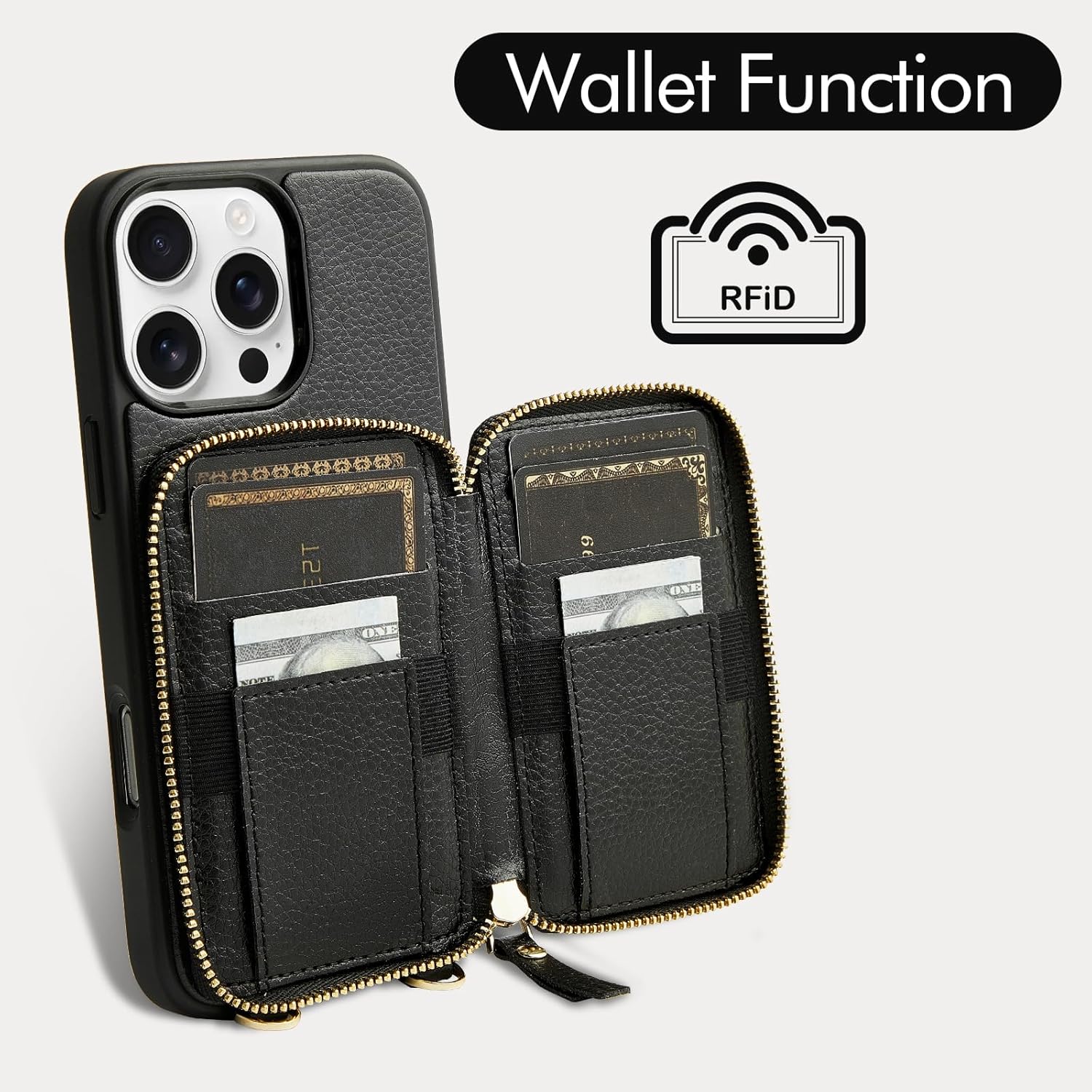 ZVE for iPhone 16 Pro Max Wallet Case, Zipper Crossbody Case with Wrist Strap Card Holder Protective Cover for Women for iPhone 16 Pro Max 6.9" Black - Image 2