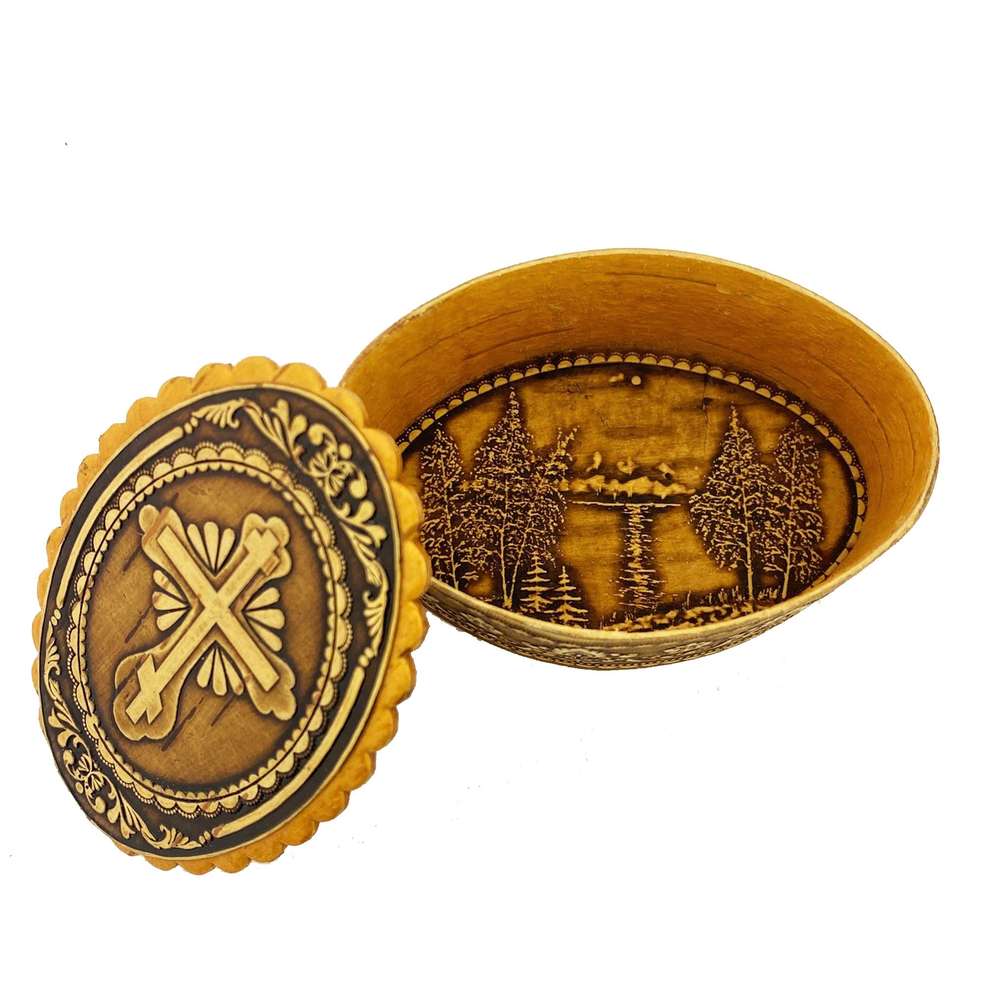 Wooden Birch Rosary Prayer Beads Keepsake Box With Three Bar Cross 2 3/4 Inch, Religious Gift