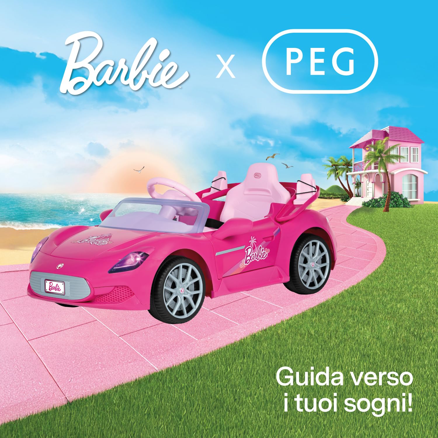 PEG Barbie RC Auto Elettrica Cavalcabile 12V per Bambini con Telecomando, Guida Manuale, Doppio Sedile per 2 Barbie, Portiere Apribili, Luci e Suoni, Età 18+ Mesi