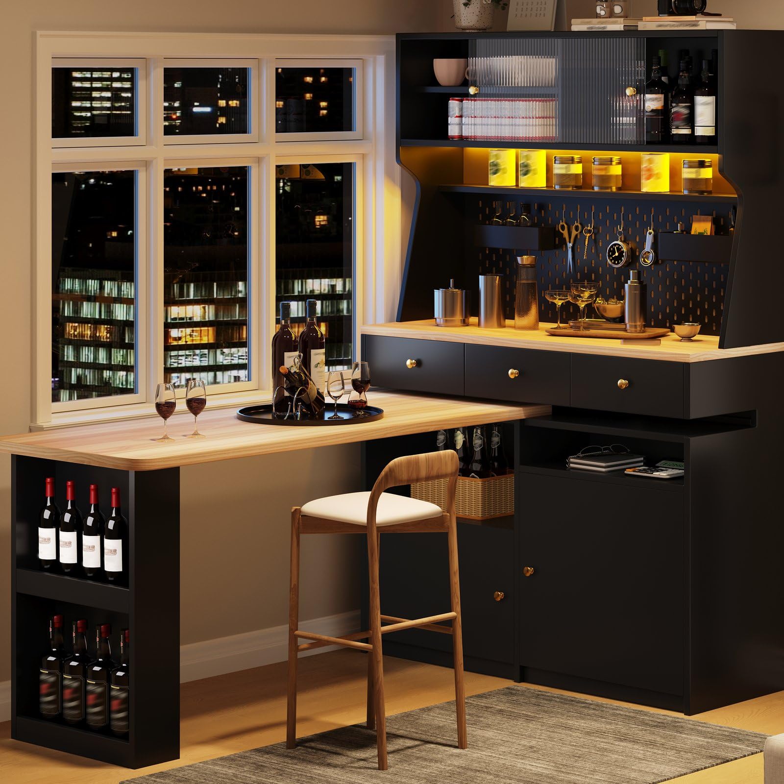 KOMHTOM Buffet Cuisine 137 cm, Vaisselier avec Plan de Travail et LED
