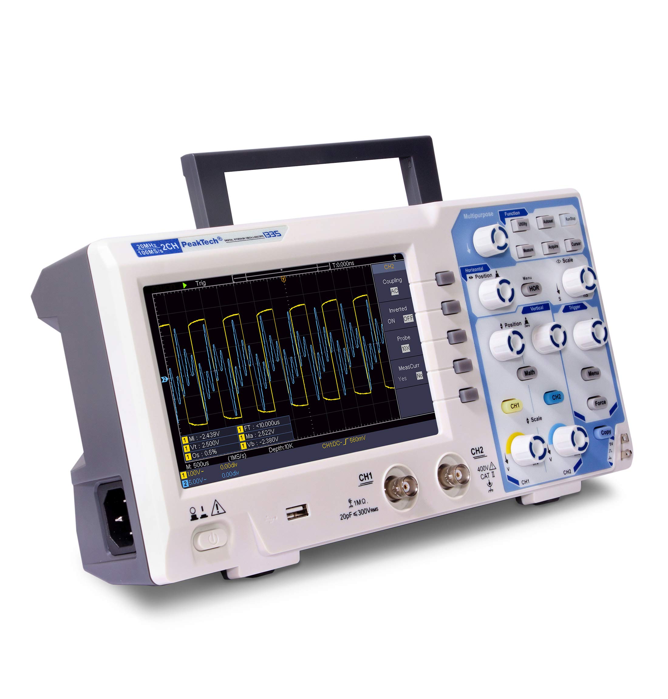PeakTech P 1335 20 MHz 2-Kanal Digital-Speicher-Oszilloskop mit USB-Schnittstelle, 15 W, 240 V