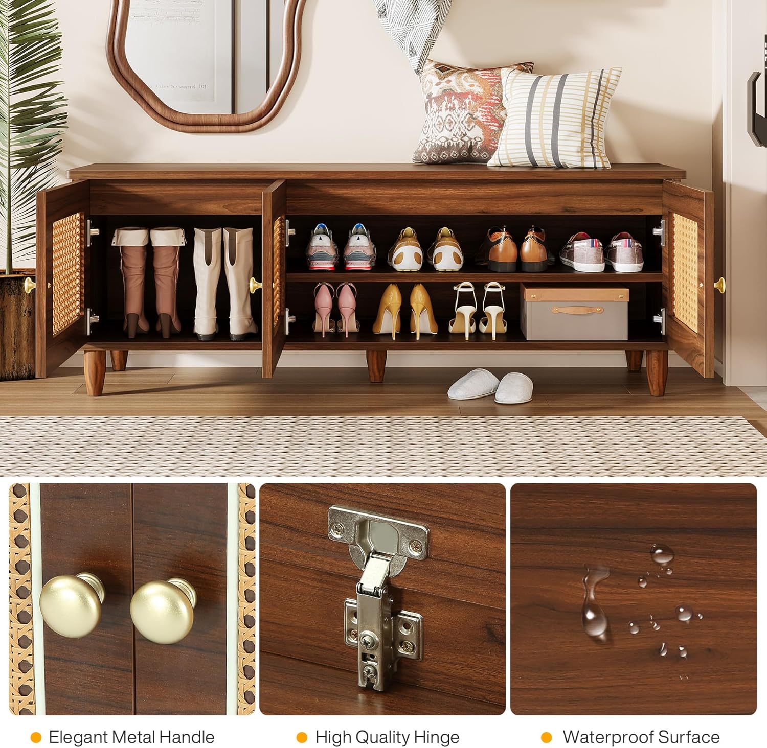 Tribesigns Shoe Bench with Lift Top Storage, 2-Tier Entryway Bench with Rattan Doors, 55" Large Shoe Cabinet with Hidden Storage & Seat for Entryway, Hallway, Living Room (Rustic Brown)