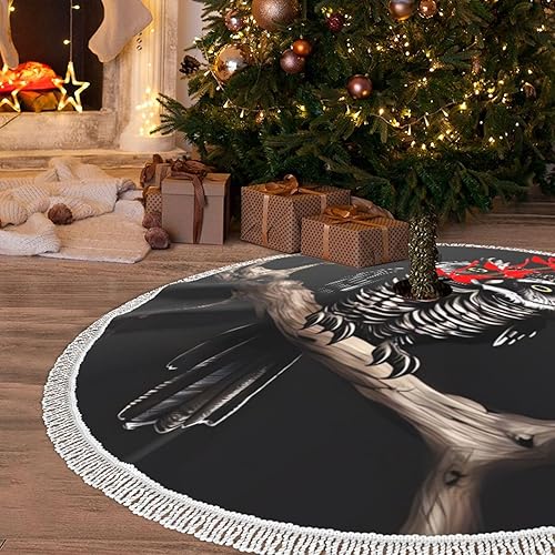 Christmas Tree Skirt with Tassel Late Night Owl 36" Christmas Tree Skirts Decoration mat Rustic Tassel Xmas Tree Cover Mat Waterproof Xmas Tree
