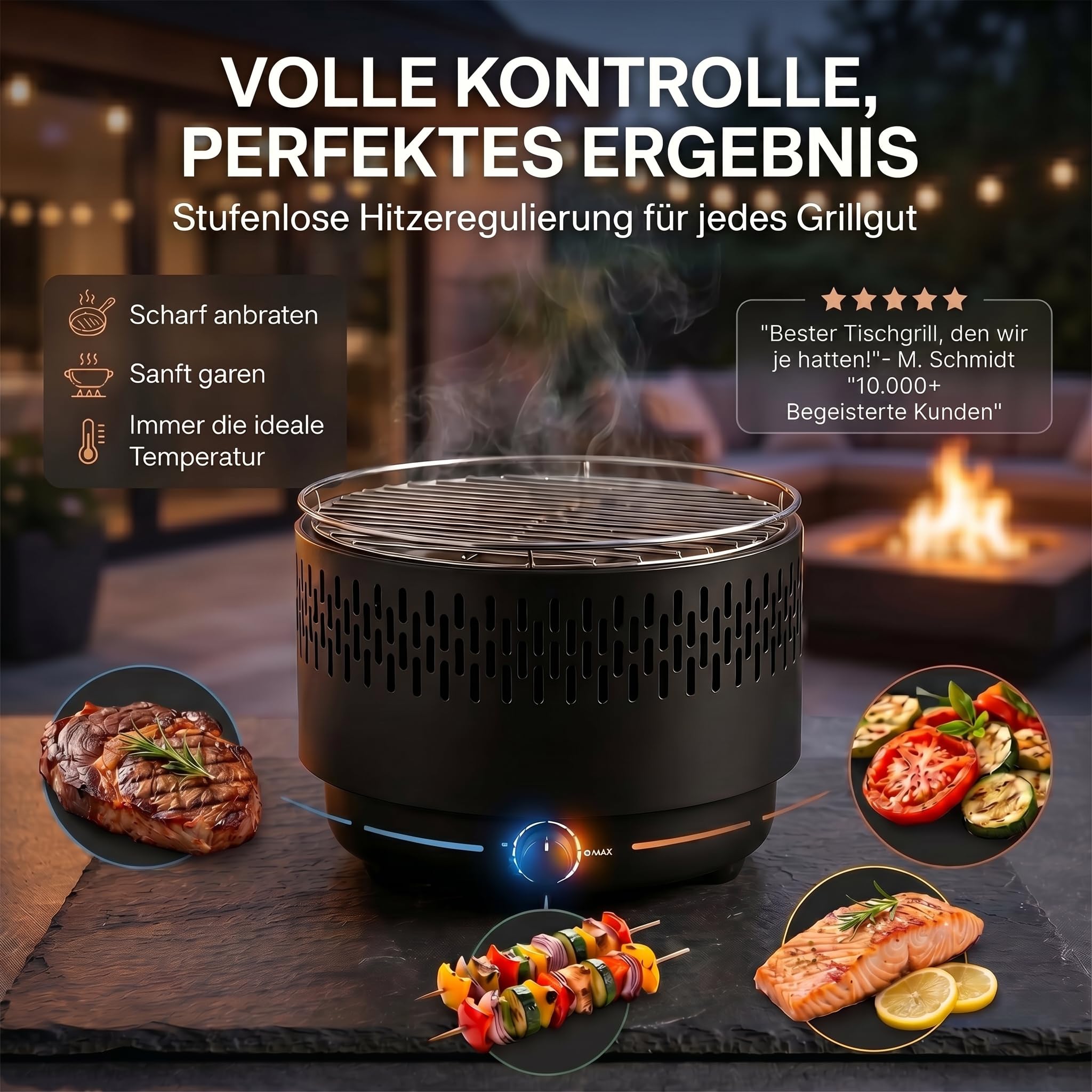 Tischgrill mit Aktivbelüftung und Edelstahlschale, Holzkohlegrill Grill mit Lüfter, Campinggrill BBQ Outdoor (Schwarz)